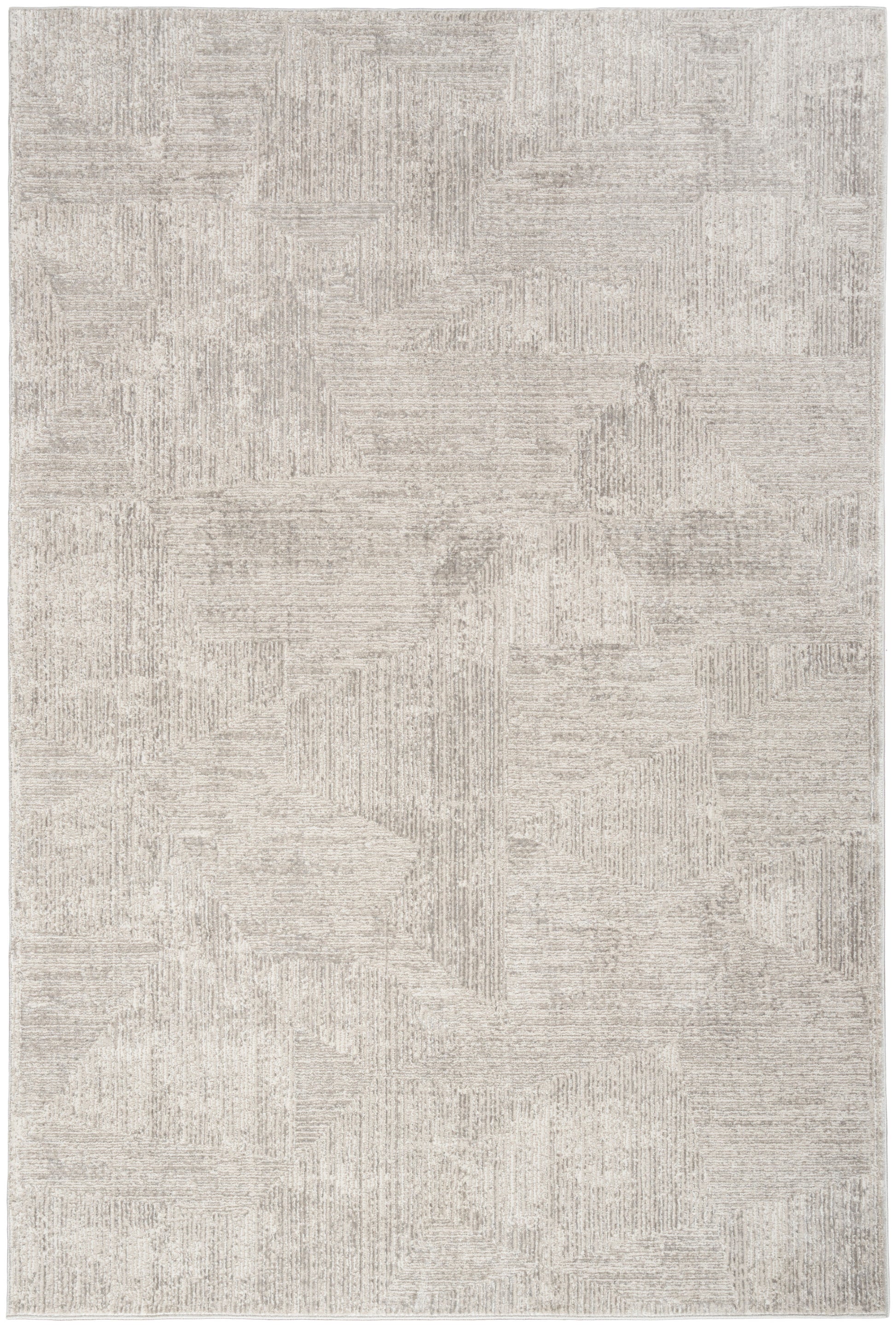Beige rectangular area rug, 5' x 7', with cream-toned geometric patchwork pattern and subtle textured surface.