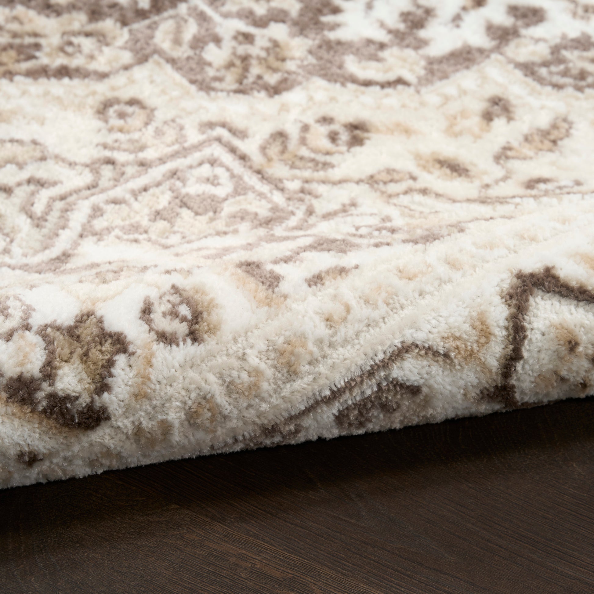 Cream, ivory and taupe oriental-pattern shag rug with plush pile on dark wood floor.