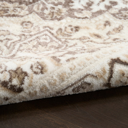 Cream, ivory and taupe oriental-pattern shag rug with plush pile on dark wood floor.