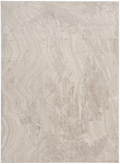 Beige area rug with cream and taupe, featuring a soft, wavy wood-grain pattern.