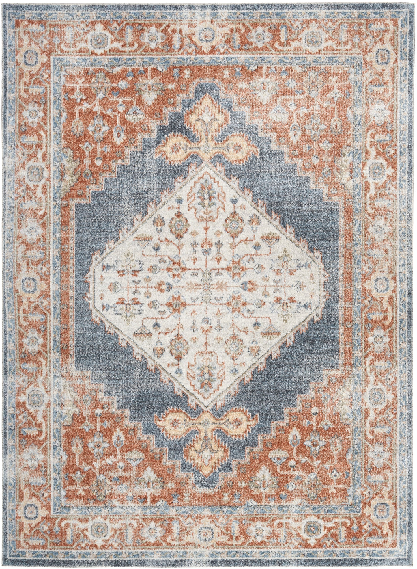 Orange, blue, ivory oriental rug with central diamond medallion, floral motifs, and ornate border.
