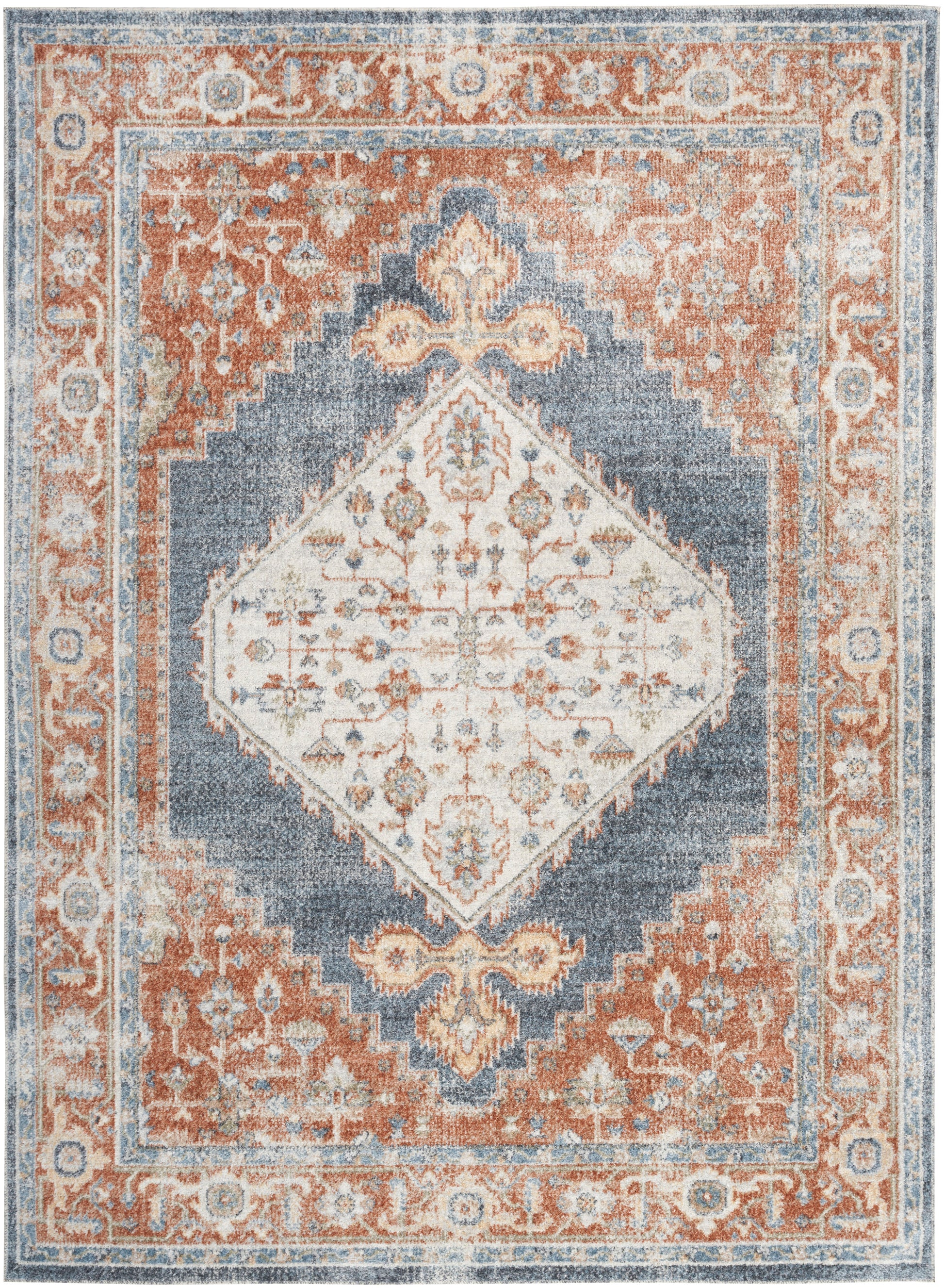 Orange, blue, ivory oriental rug with central diamond medallion, floral motifs, and ornate border.