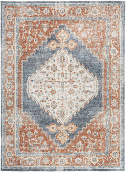 Orange, blue, ivory oriental rug with central diamond medallion, floral motifs, and ornate border.