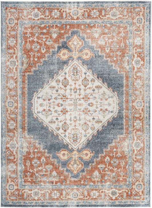 Orange, blue, ivory oriental rug with central diamond medallion, floral motifs, and ornate border.