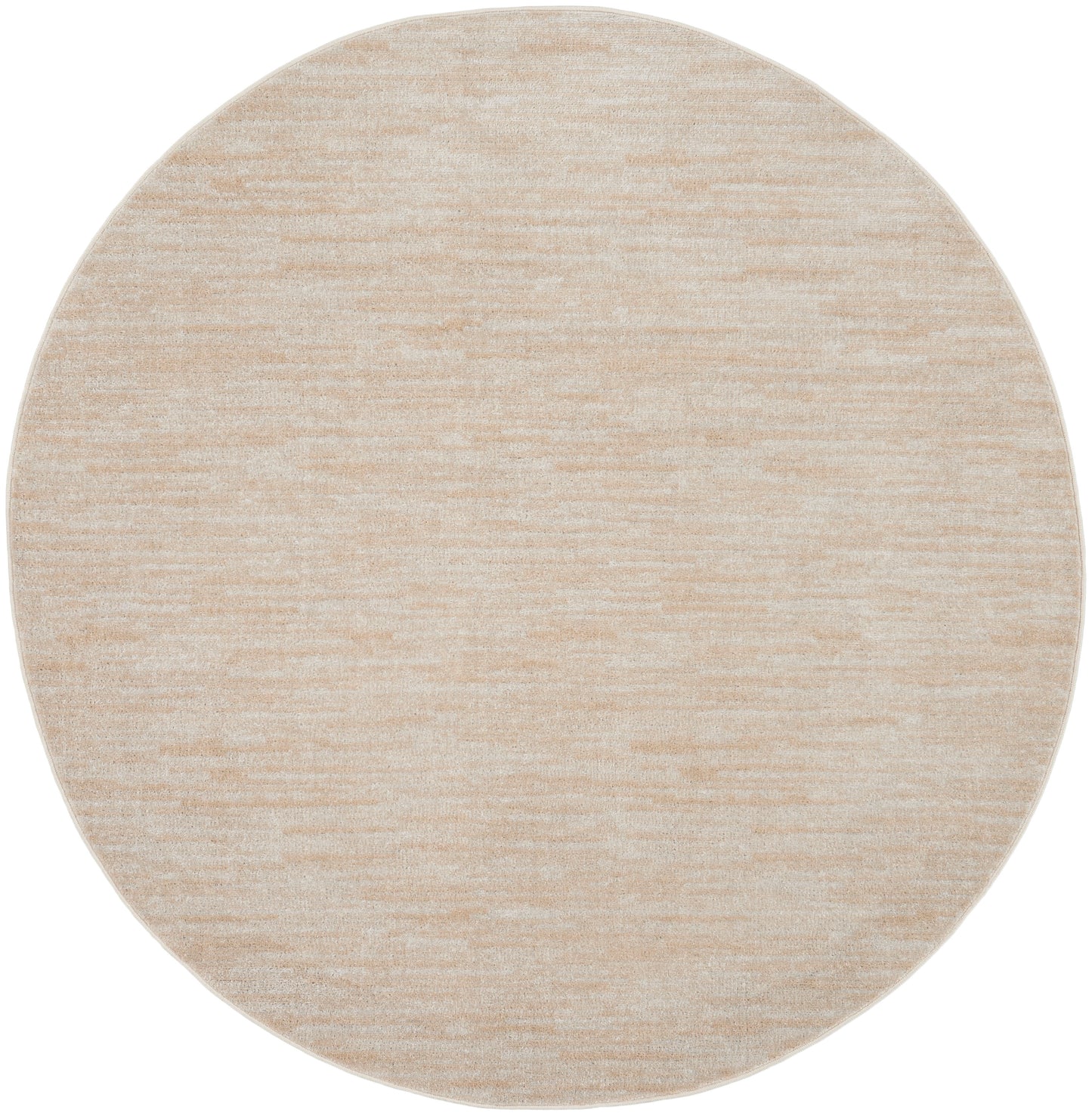 Round beige outdoor rug with a subtle marled texture, 6' round.