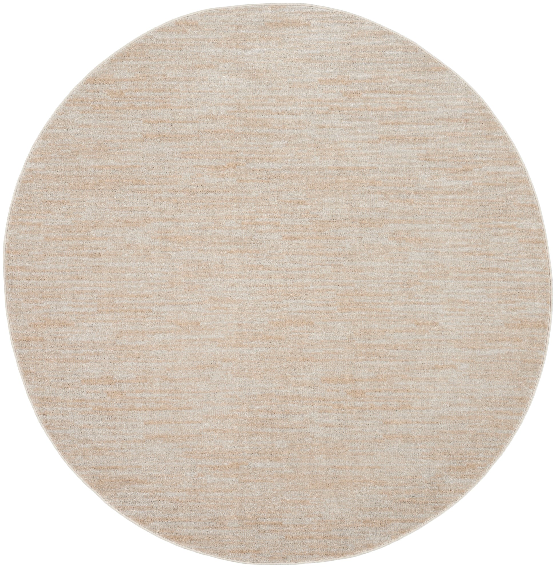 Round beige outdoor rug with a subtle marled texture, 6' round.