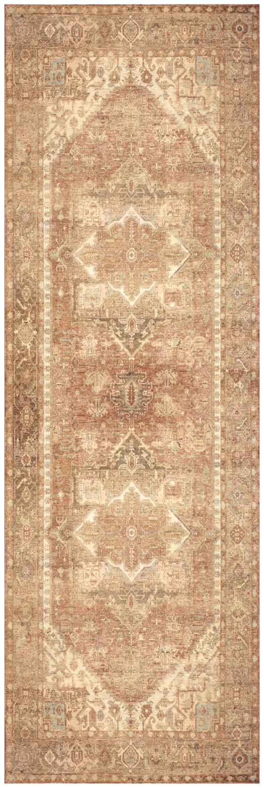 Vintage beige-toned oriental rug runner with central medallion and ornate floral border, faded rose highlights.