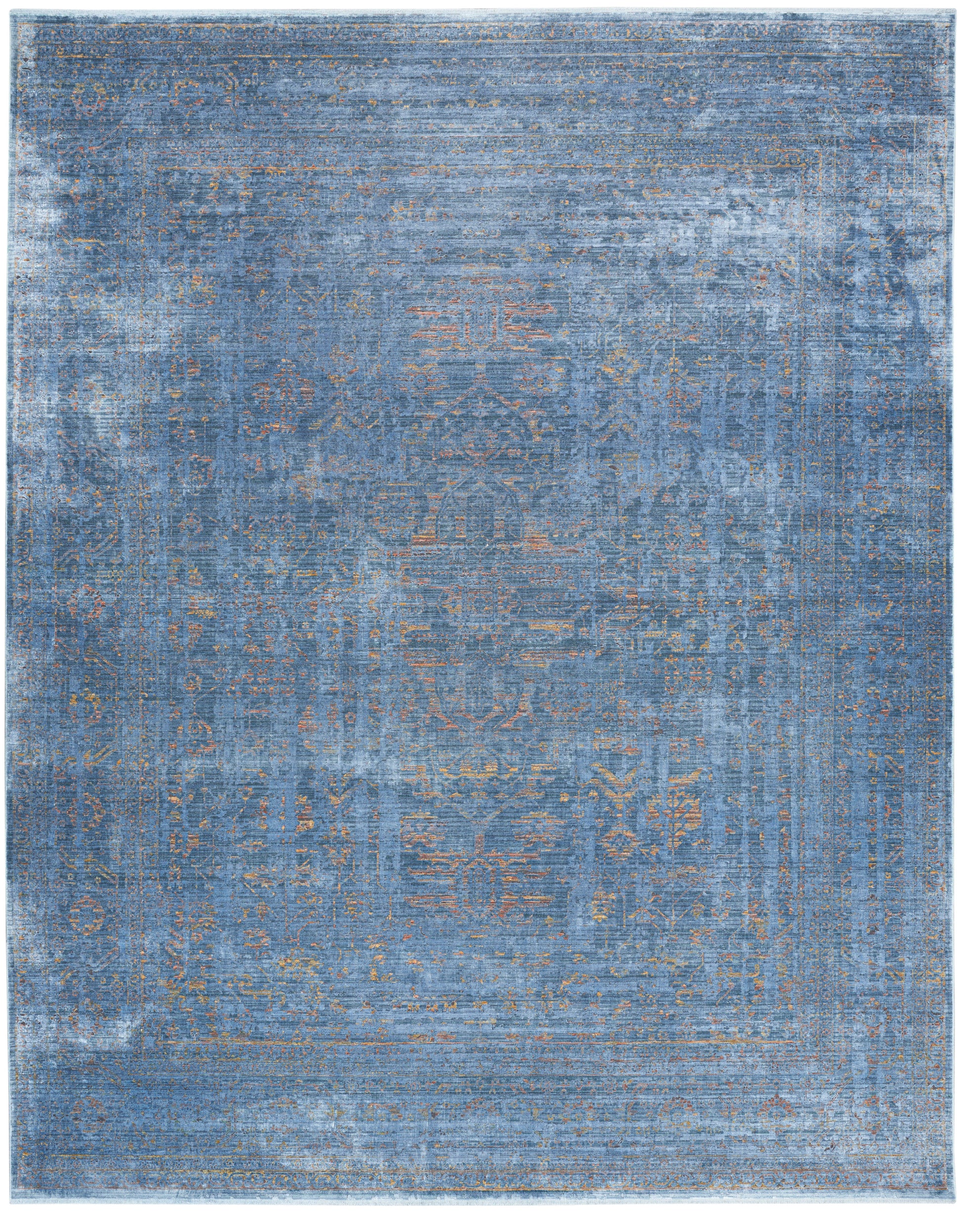 Rectangular blue distressed oriental rug with faded medallion pattern, woven texture, versatile area rug.