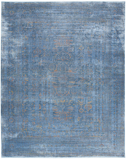 Rectangular blue distressed oriental rug with faded medallion pattern, woven texture, versatile area rug.