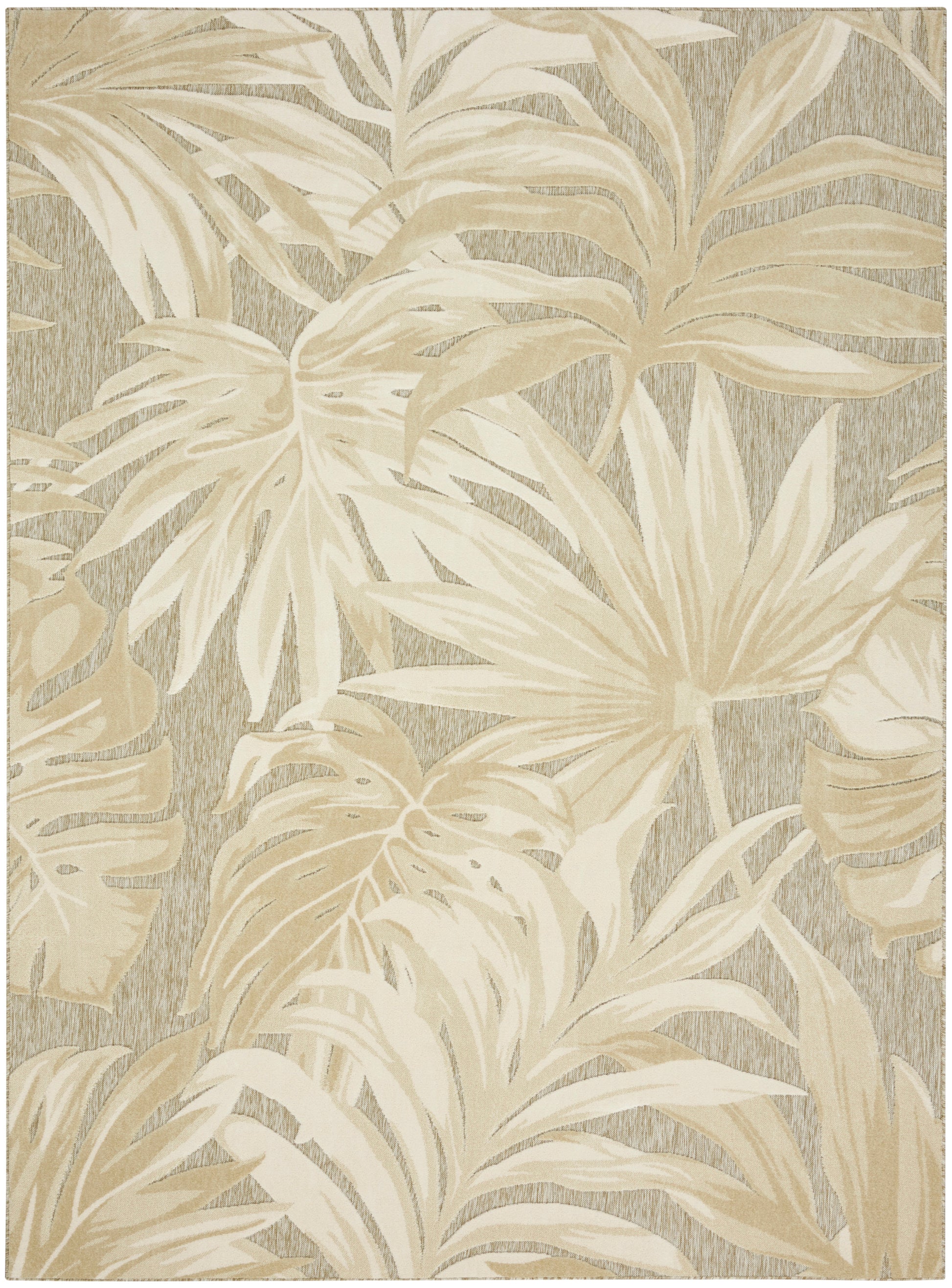 Beige tropical palm leaf rug with cream leaves on a taupe woven background