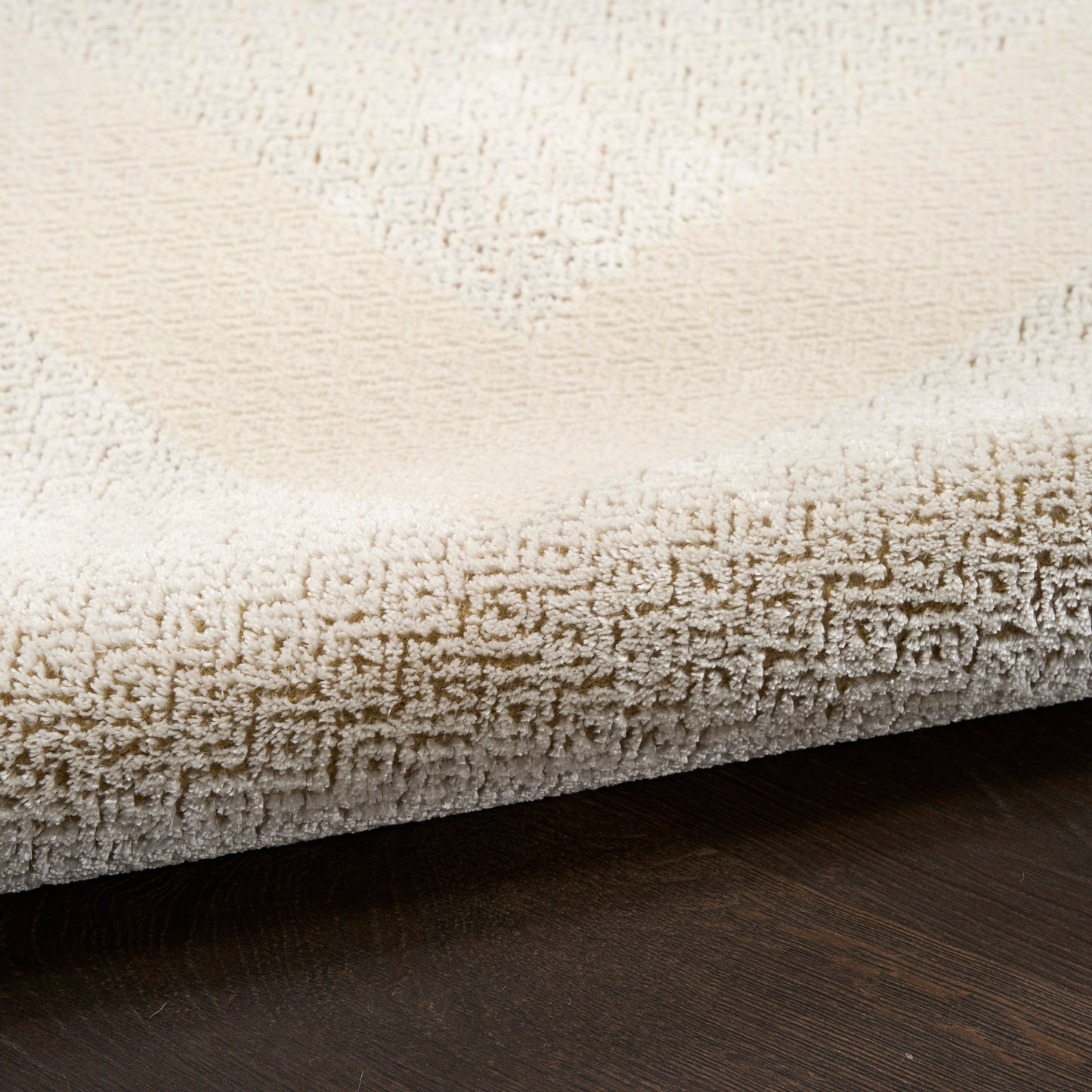 Cream tufted area rug with a geometric border on dark wood floor.