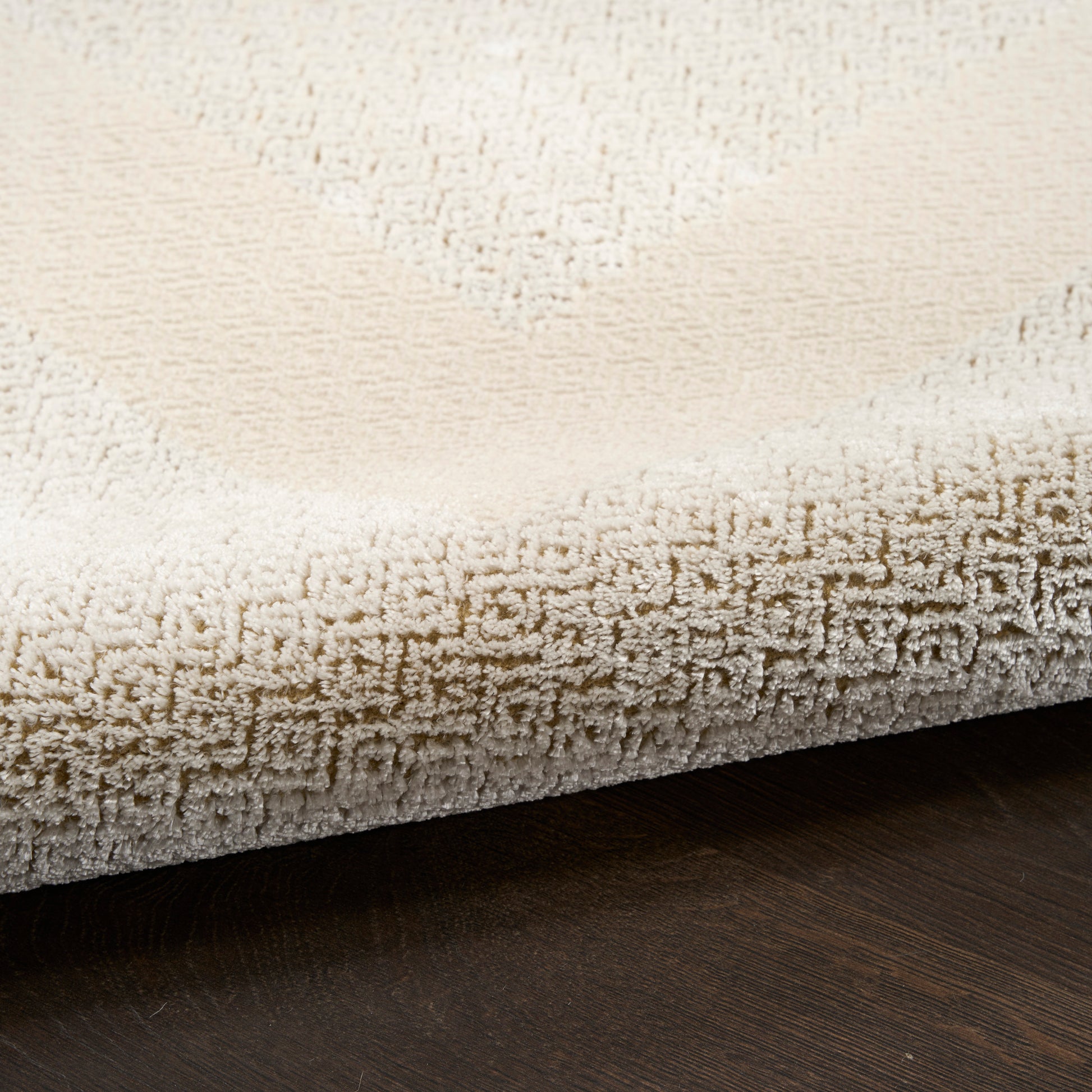 Cream tufted area rug with a geometric border on dark wood floor.