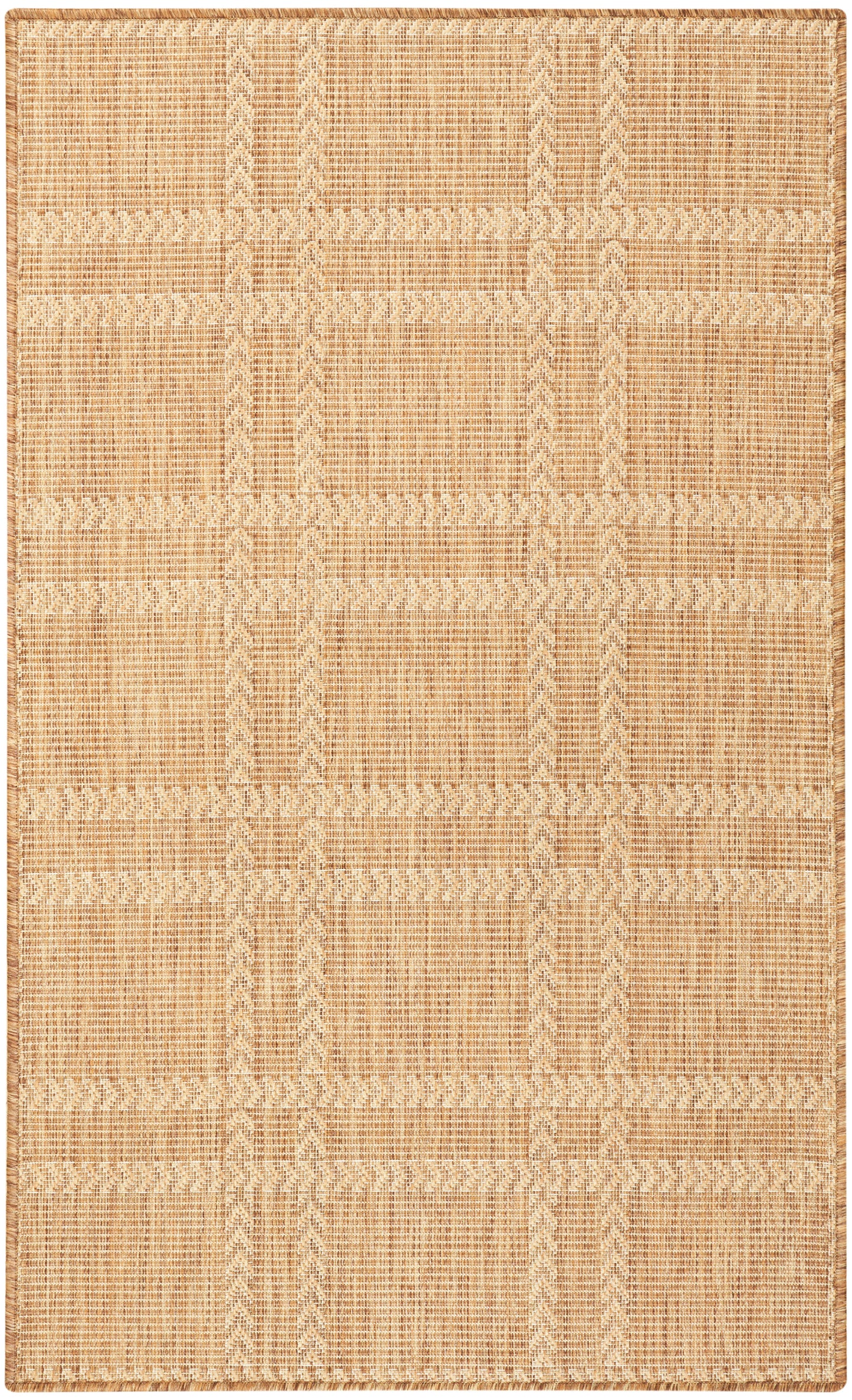 Natural tan jute rug with cream geometric weave; rectangular flat-weave, textured striped pattern for living spaces.