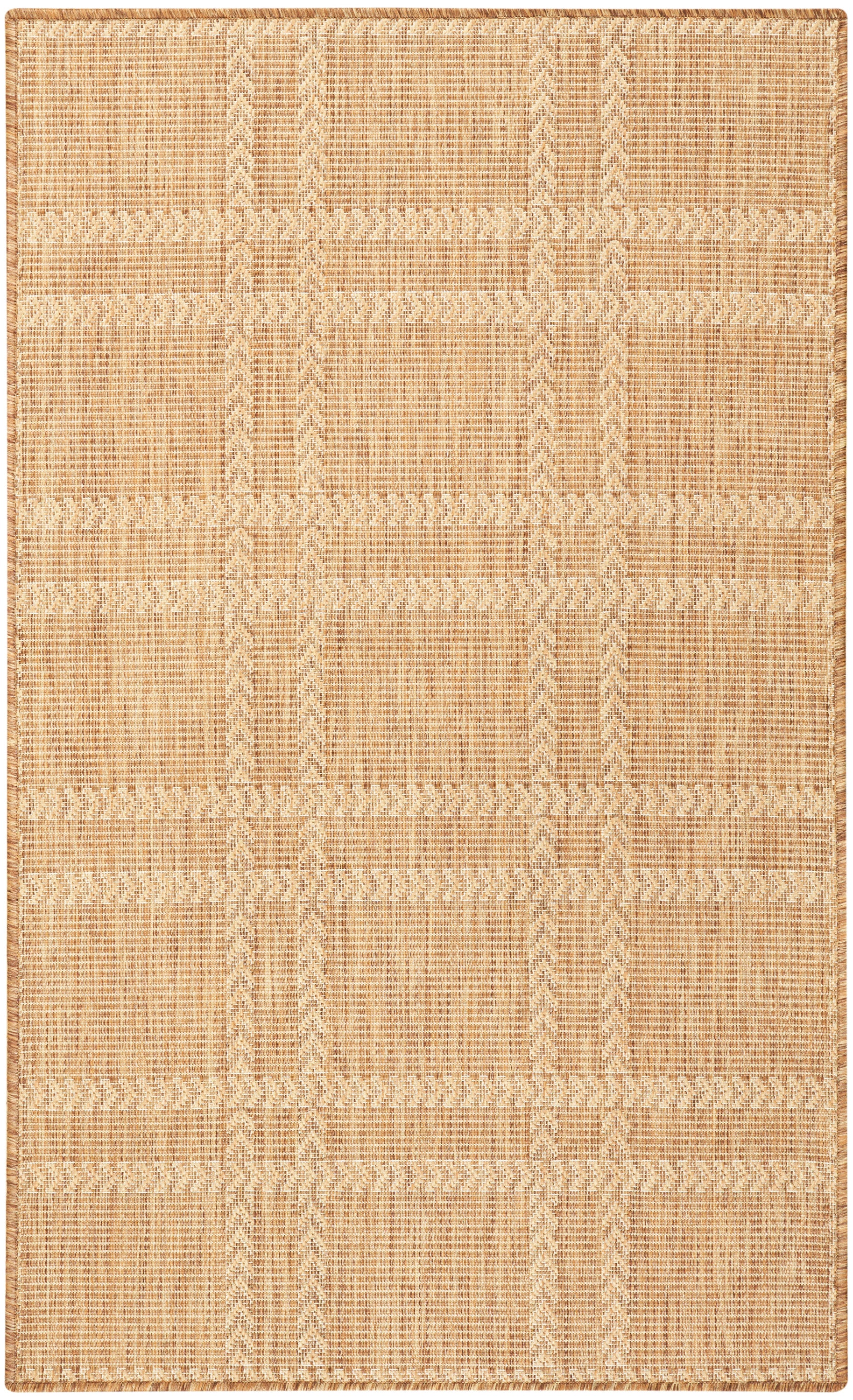 Natural tan jute rug with cream geometric weave; rectangular flat-weave, textured striped pattern for living spaces.