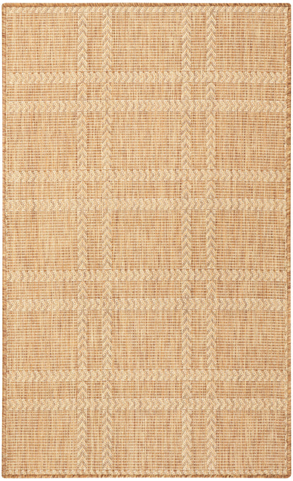 Natural tan jute rug with cream geometric weave; rectangular flat-weave, textured striped pattern for living spaces.