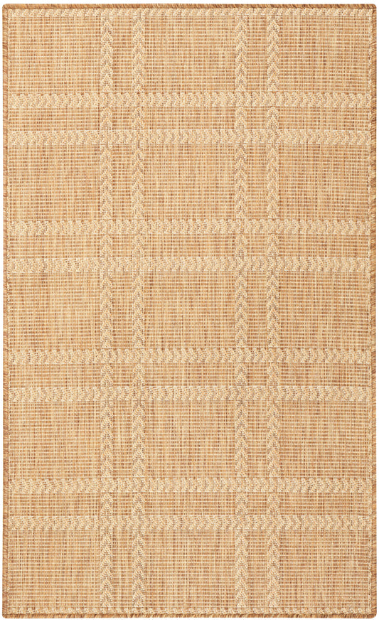 Natural tan jute rug with cream geometric weave; rectangular flat-weave, textured striped pattern for living spaces.