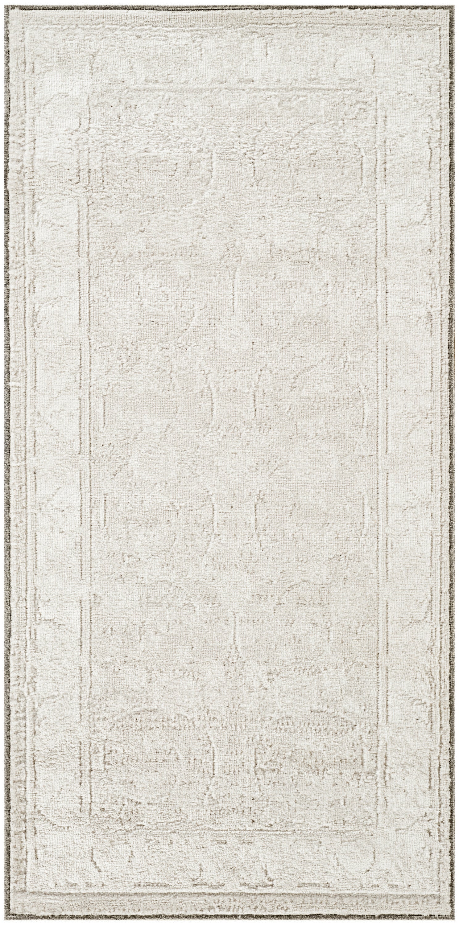 Rectangular light beige distressed area rug with a subtle geometric border and soft faded pattern.