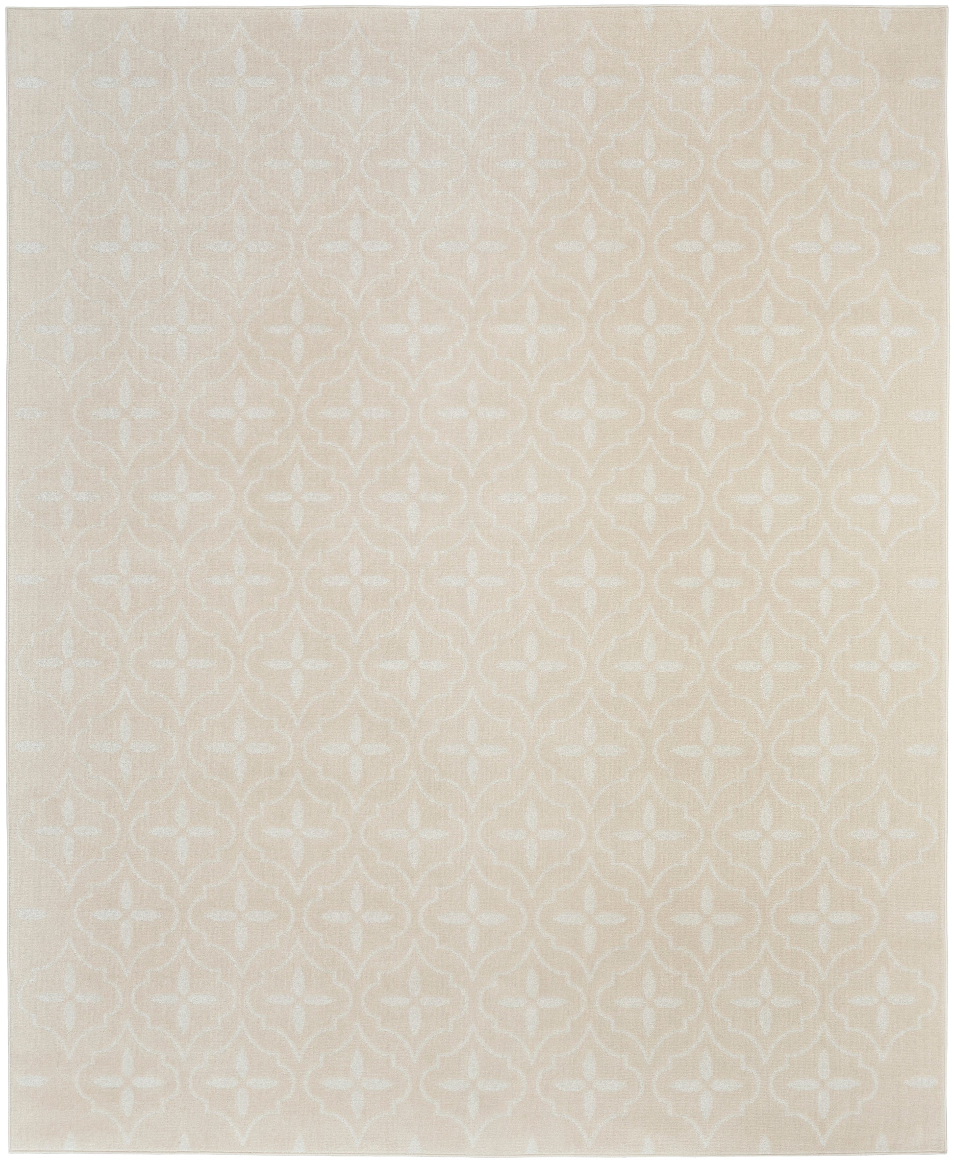 Beige rectangular rug with pale white trellis-like pattern and soft texture.