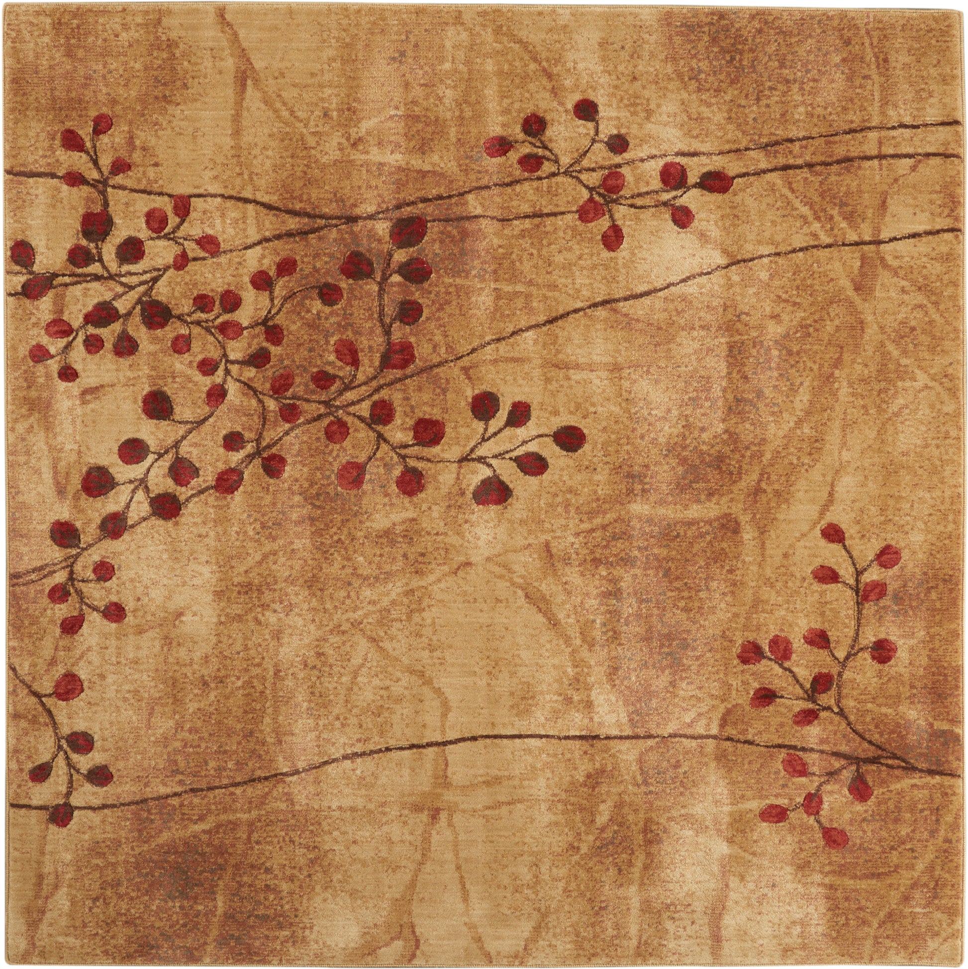 Beige square area rug with brown botanical branches and red berries on a mottled gold background.