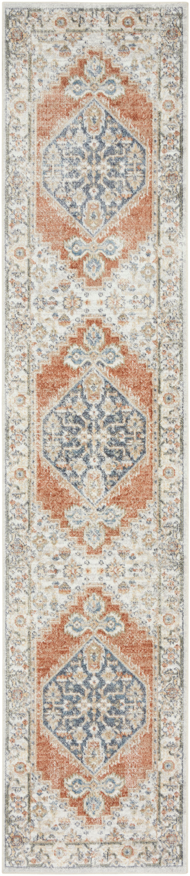 Persian-style runner rug with repeating blue-gray medallions and peach floral motifs on ivory-beige field with borders.