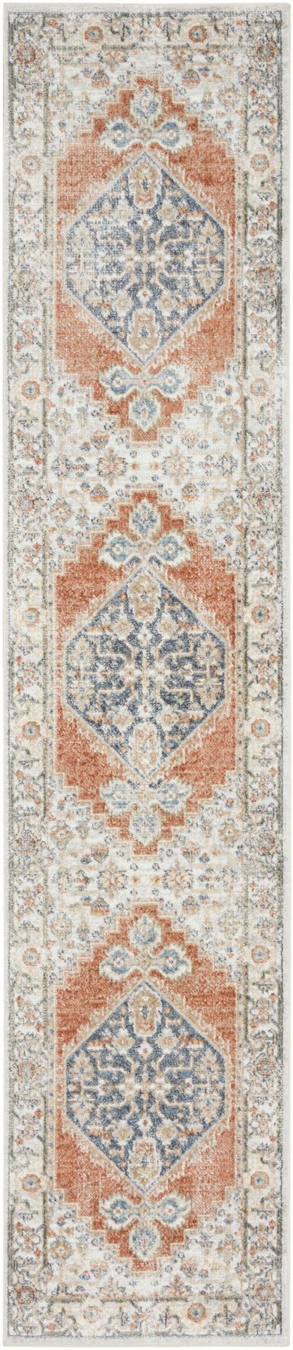 Persian-style runner rug with repeating blue-gray medallions and peach floral motifs on ivory-beige field with borders.