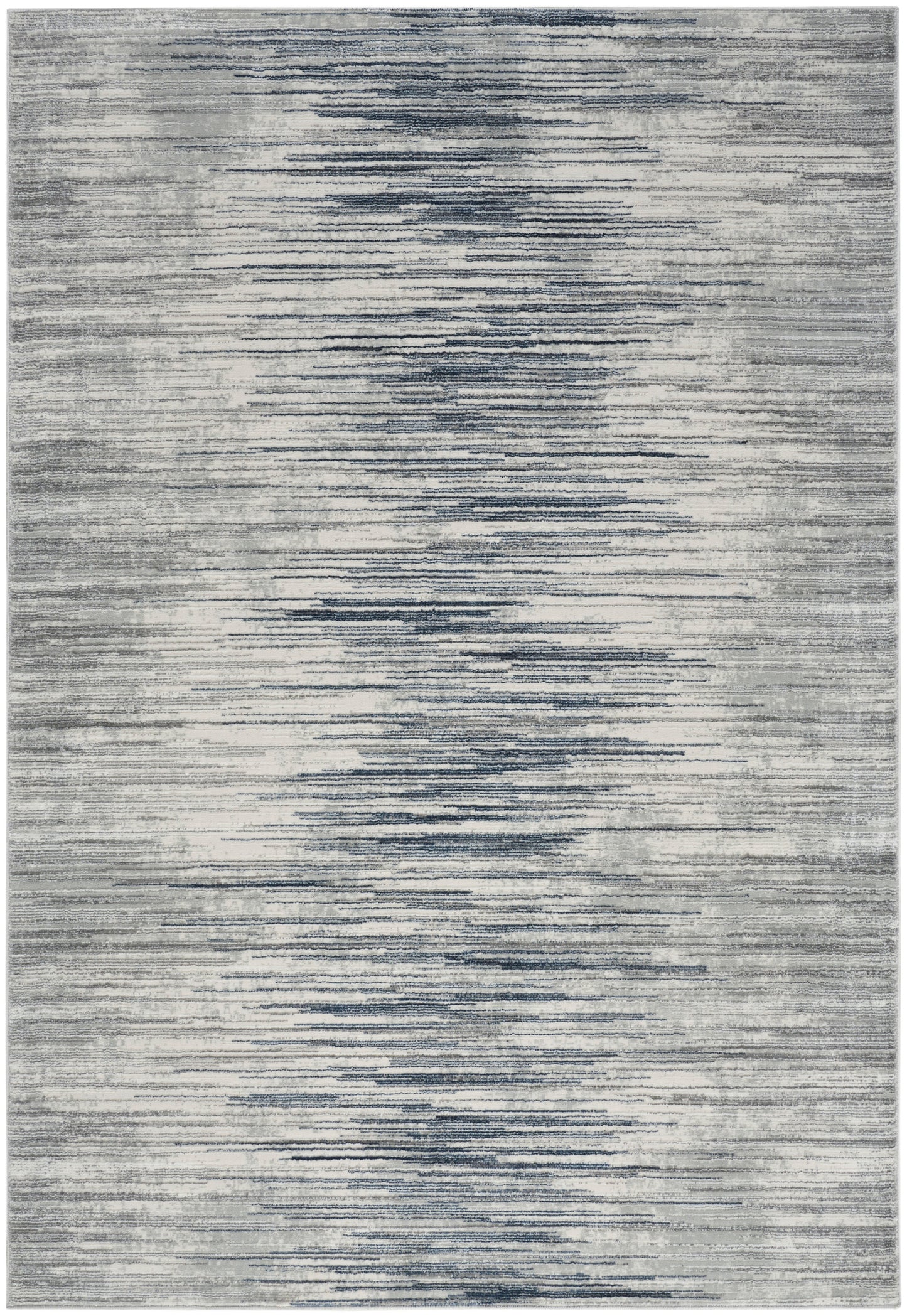 Gray-blue abstract striped area rug with distressed horizontal lines and soft washed shading