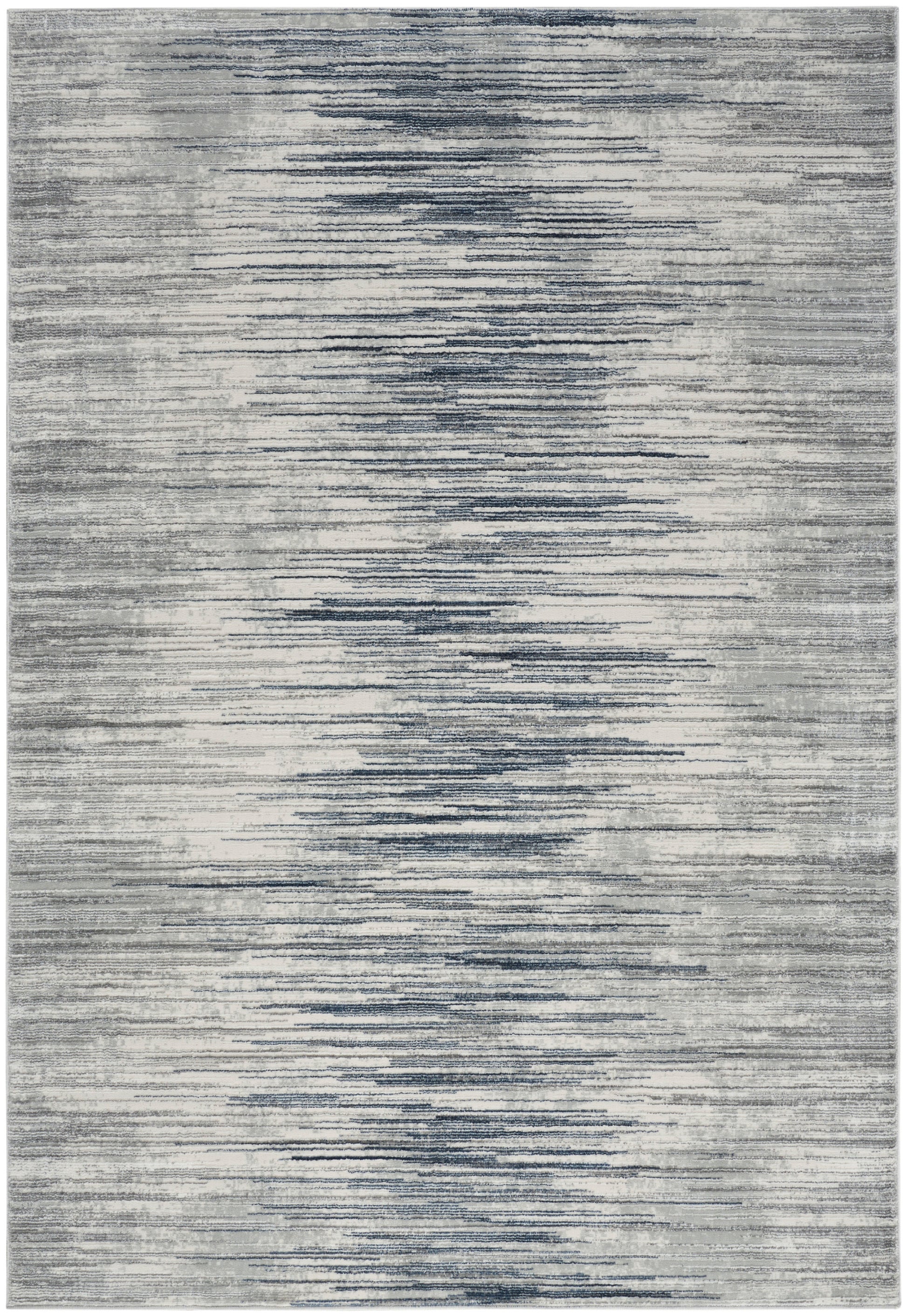 Gray-blue abstract striped area rug with distressed horizontal lines and soft washed shading