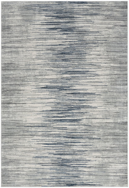 Gray-blue abstract striped area rug with distressed horizontal lines and soft washed shading