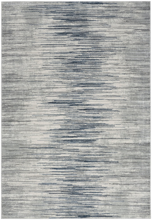 Gray-blue abstract striped area rug with distressed horizontal lines and soft washed shading