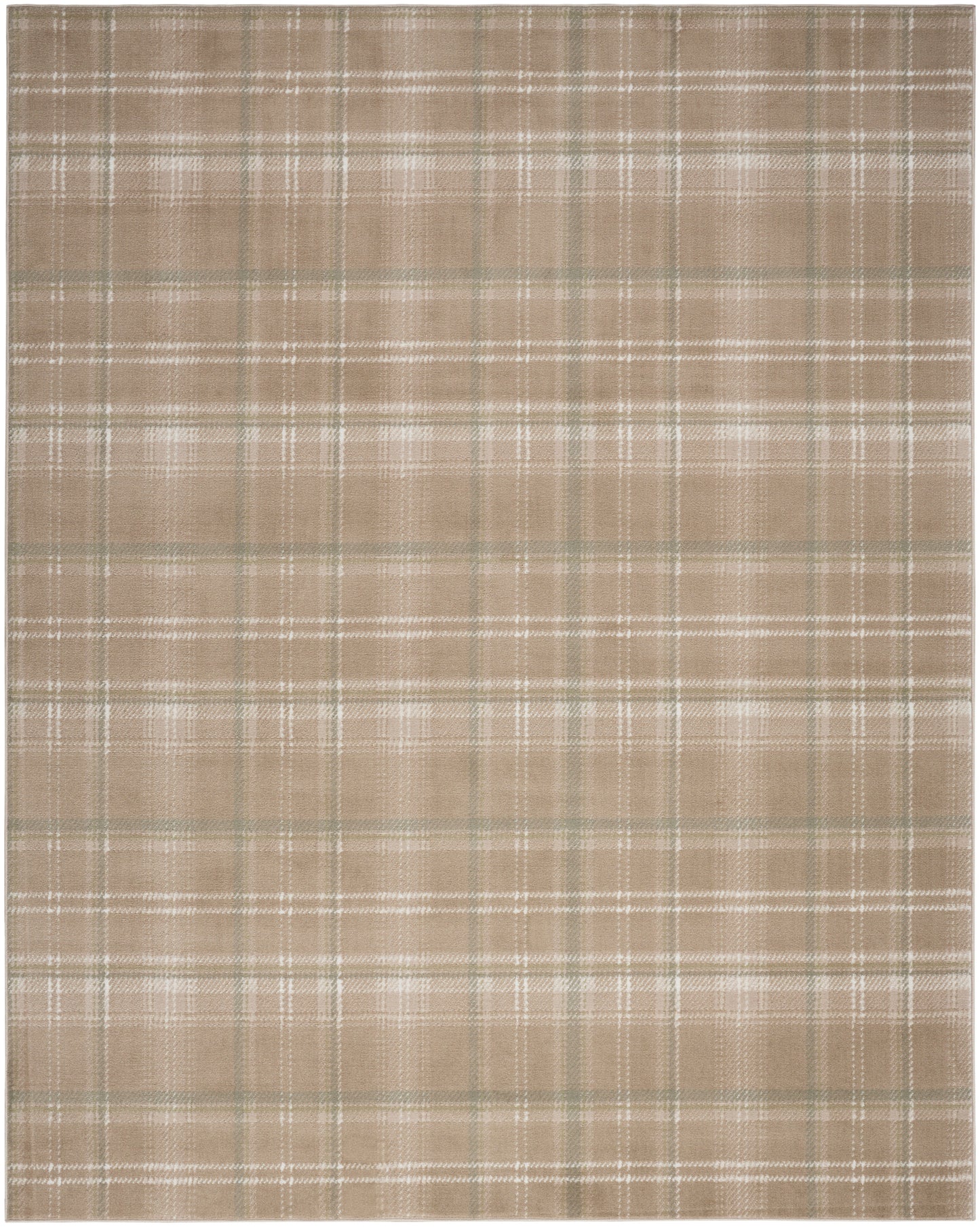Beige plaid area rug with subtle white and gray checks; rectangular woven decor rug for living room.