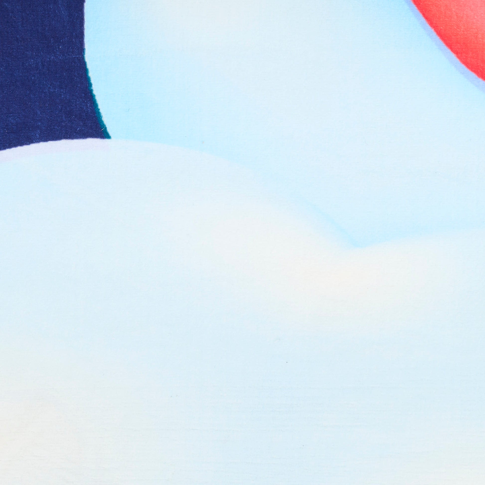 Abstract art print featuring pale blue and white cloudforms, a dark navy corner, and a red curved accent.
