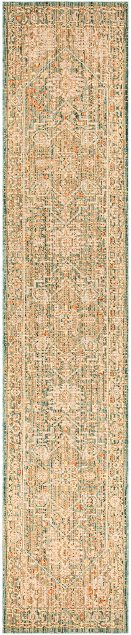 Long beige runner rug with intricate geometric floral motifs in soft blues and pinks, bordered by a teal-green edge.