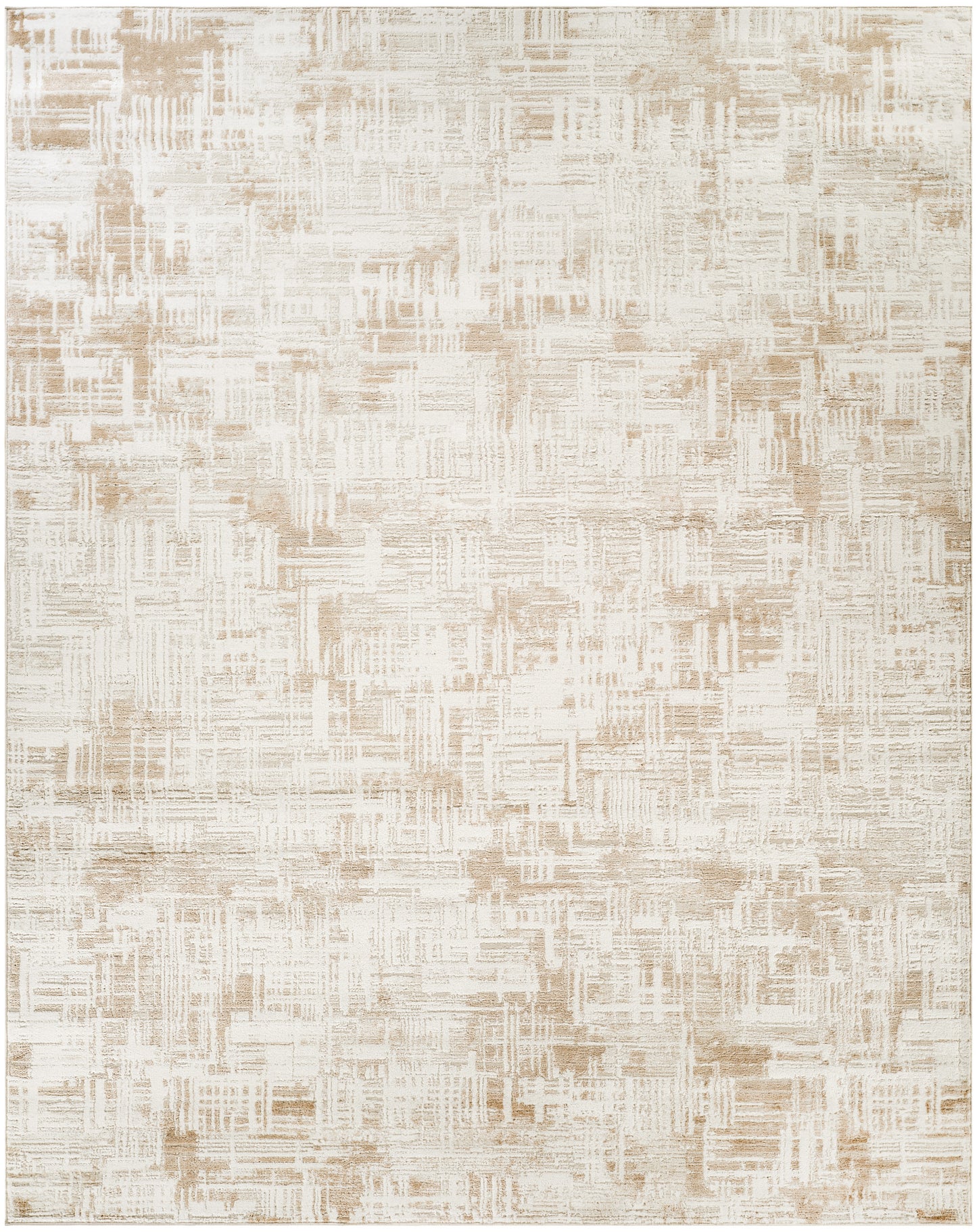 Cream and beige abstract-pattern rug with a textured, woven surface and distressed brushstroke design.