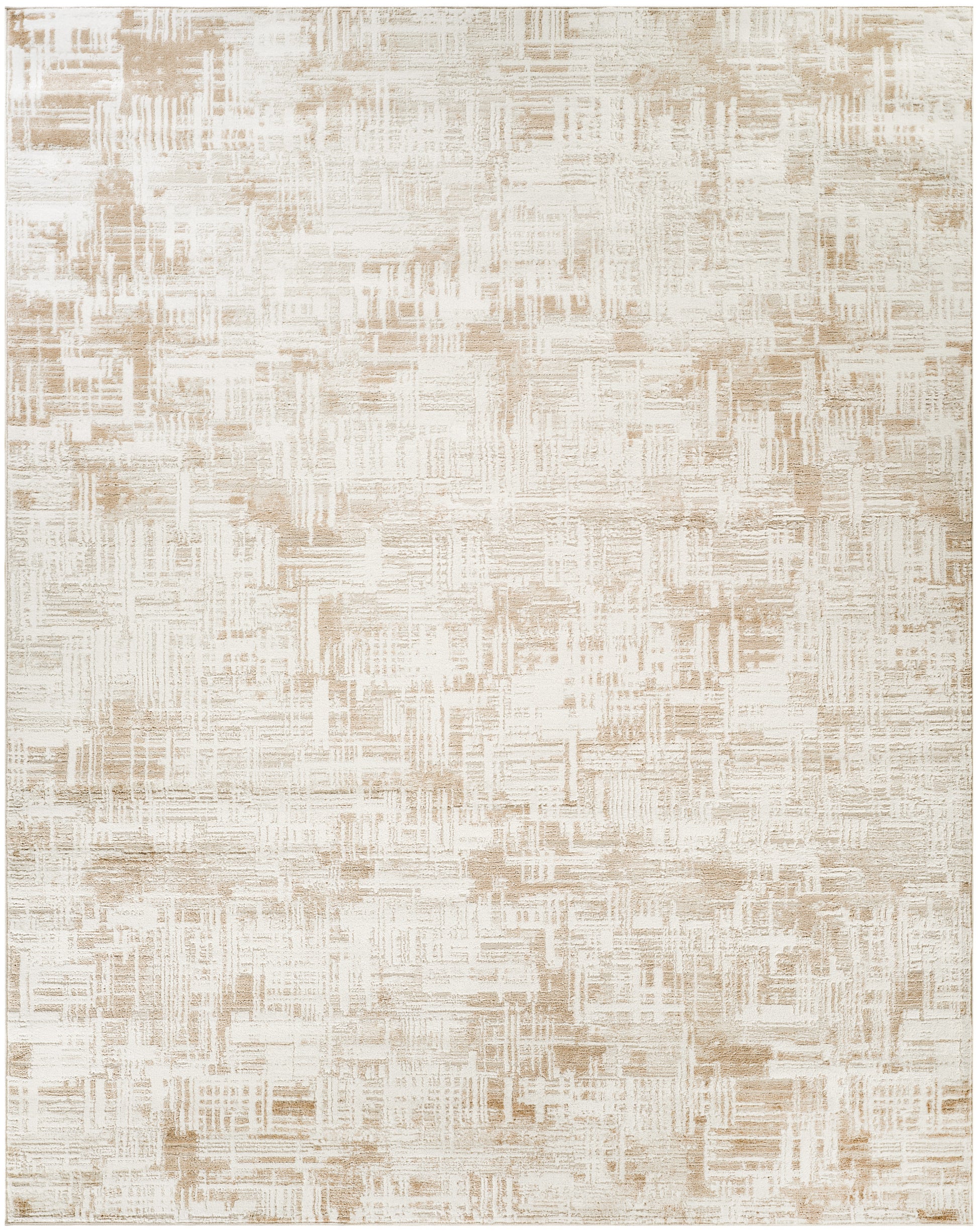 Cream and beige abstract-pattern rug with a textured, woven surface and distressed brushstroke design.
