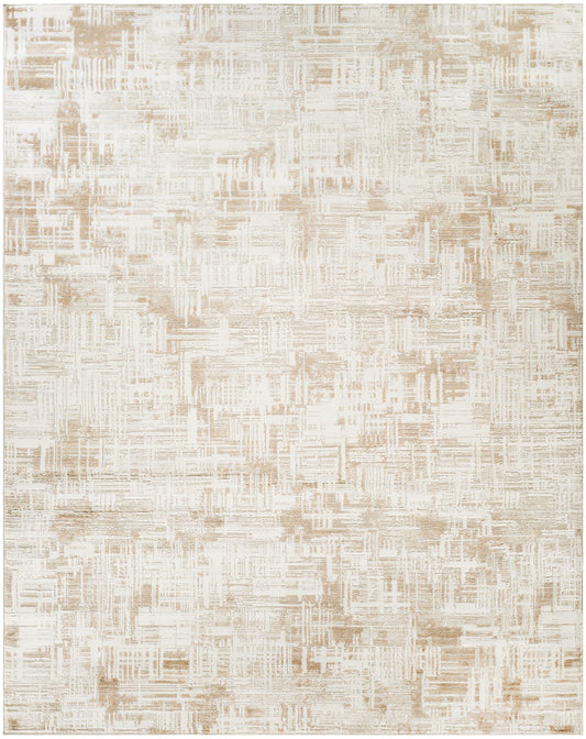 Cream and beige abstract-pattern rug with a textured, woven surface and distressed brushstroke design.