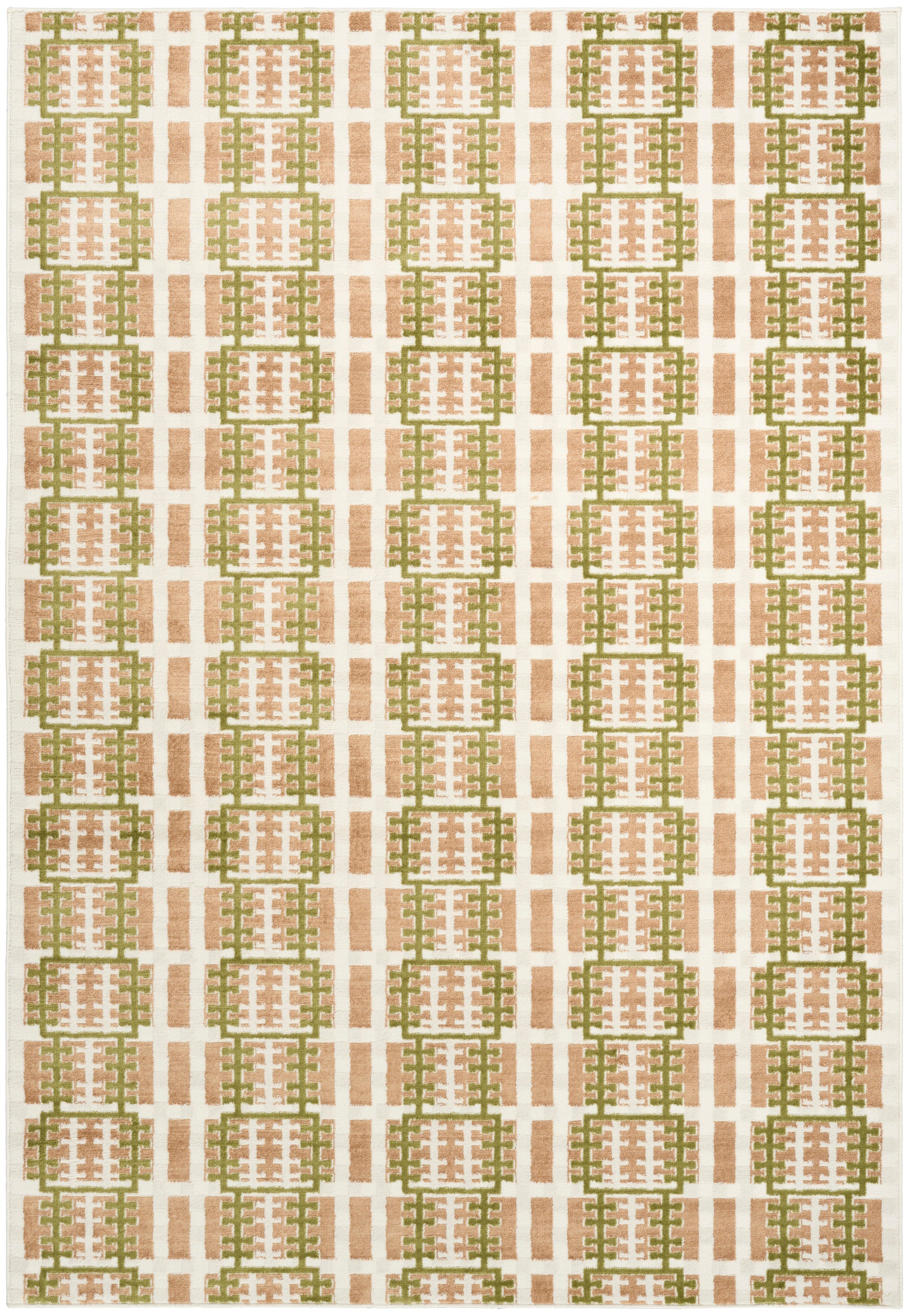 Rectangular woven rug with repeating green square lattices and peach vertical bars on a cream background.