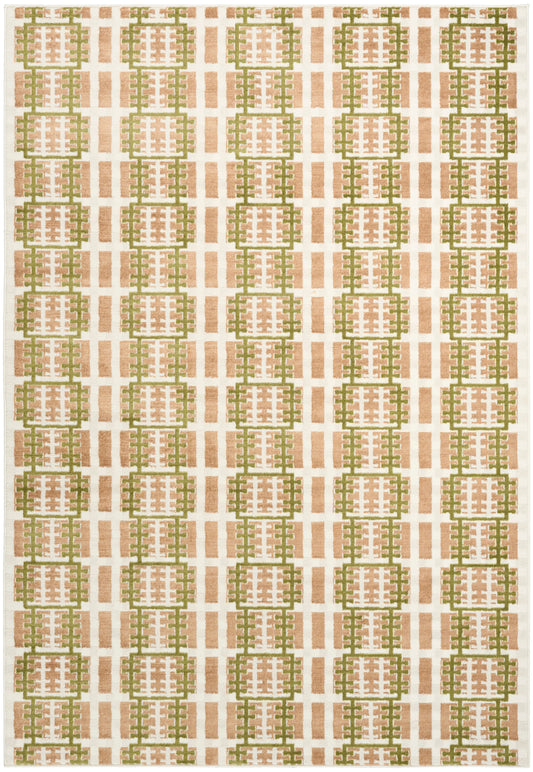 Rectangular woven rug with repeating green square lattices and peach vertical bars on a cream background.