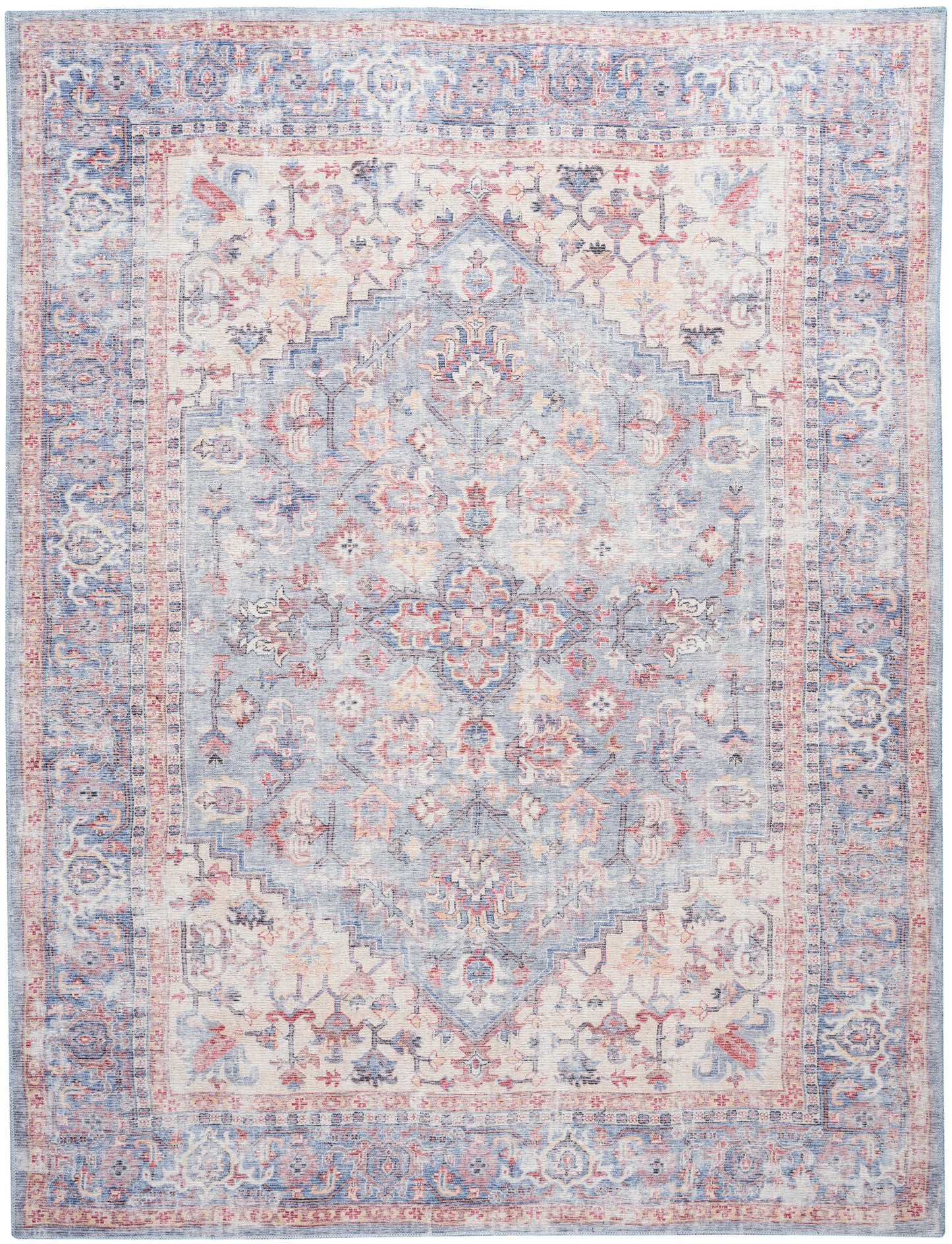 Rectangular vintage-style area rug in pale blue with pink ivory floral motifs and an ornate border.
