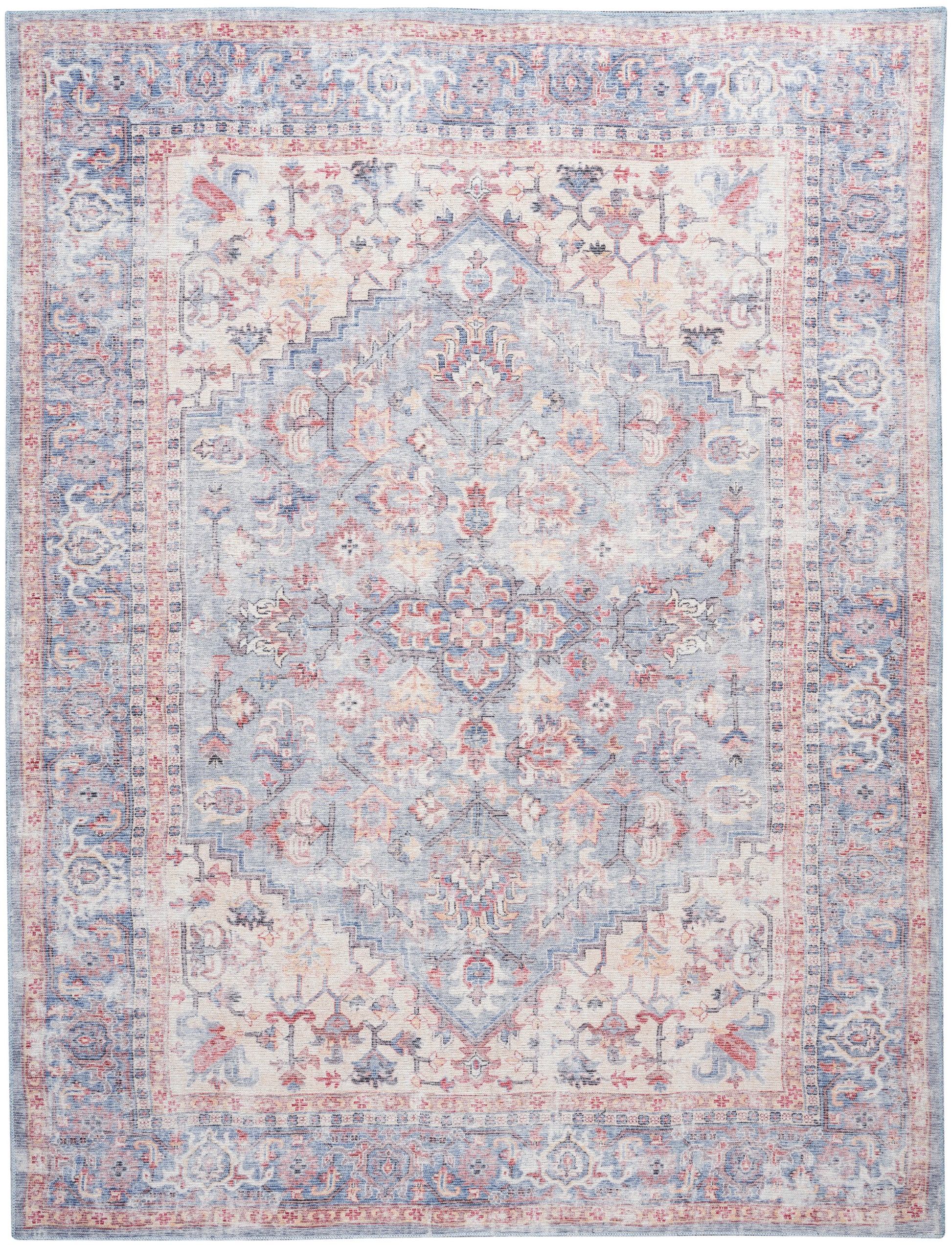 Rectangular vintage-style area rug in pale blue with pink ivory floral motifs and an ornate border.