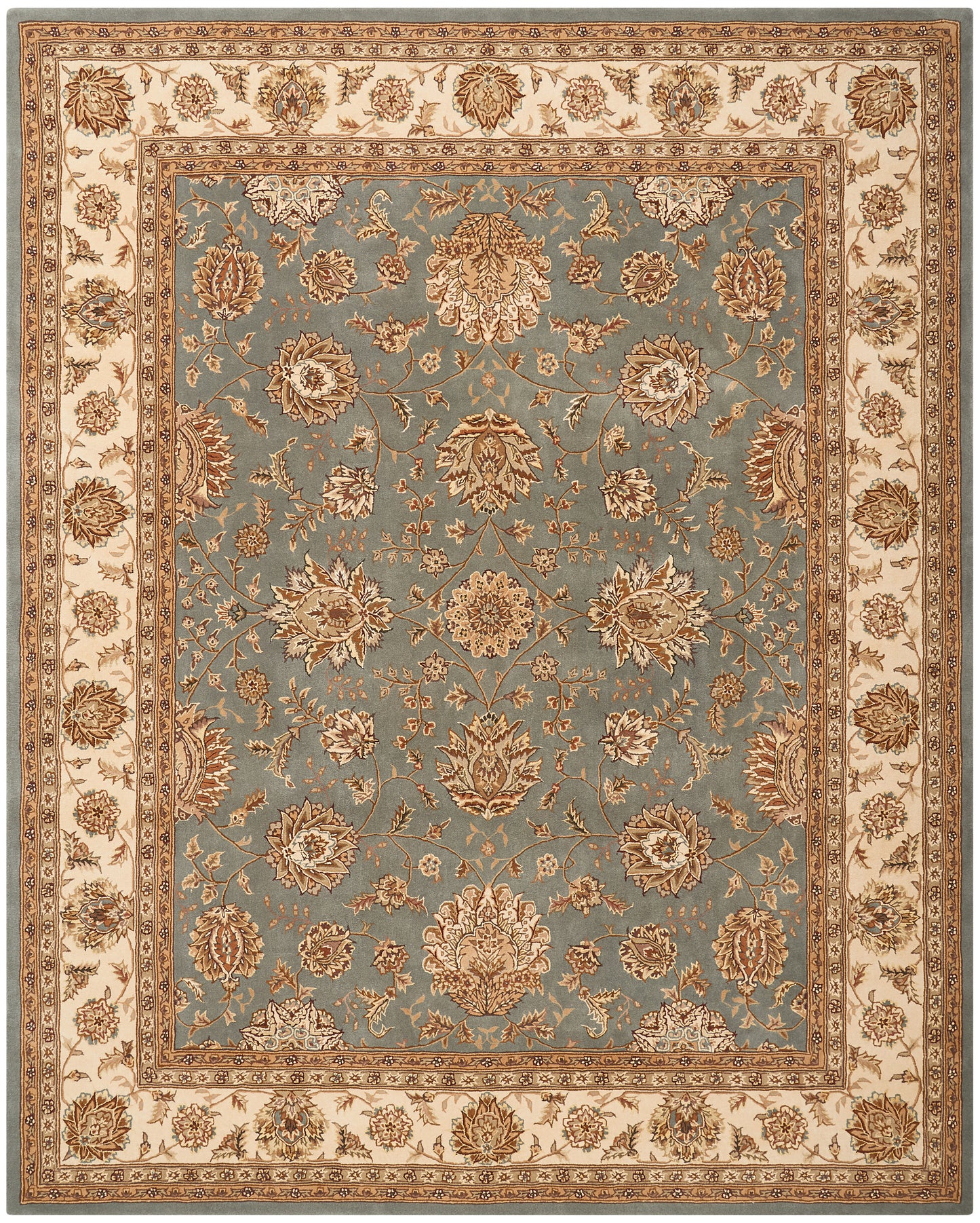 Persian-style area rug with blue field and ornate cream border in gold-toned floral design.