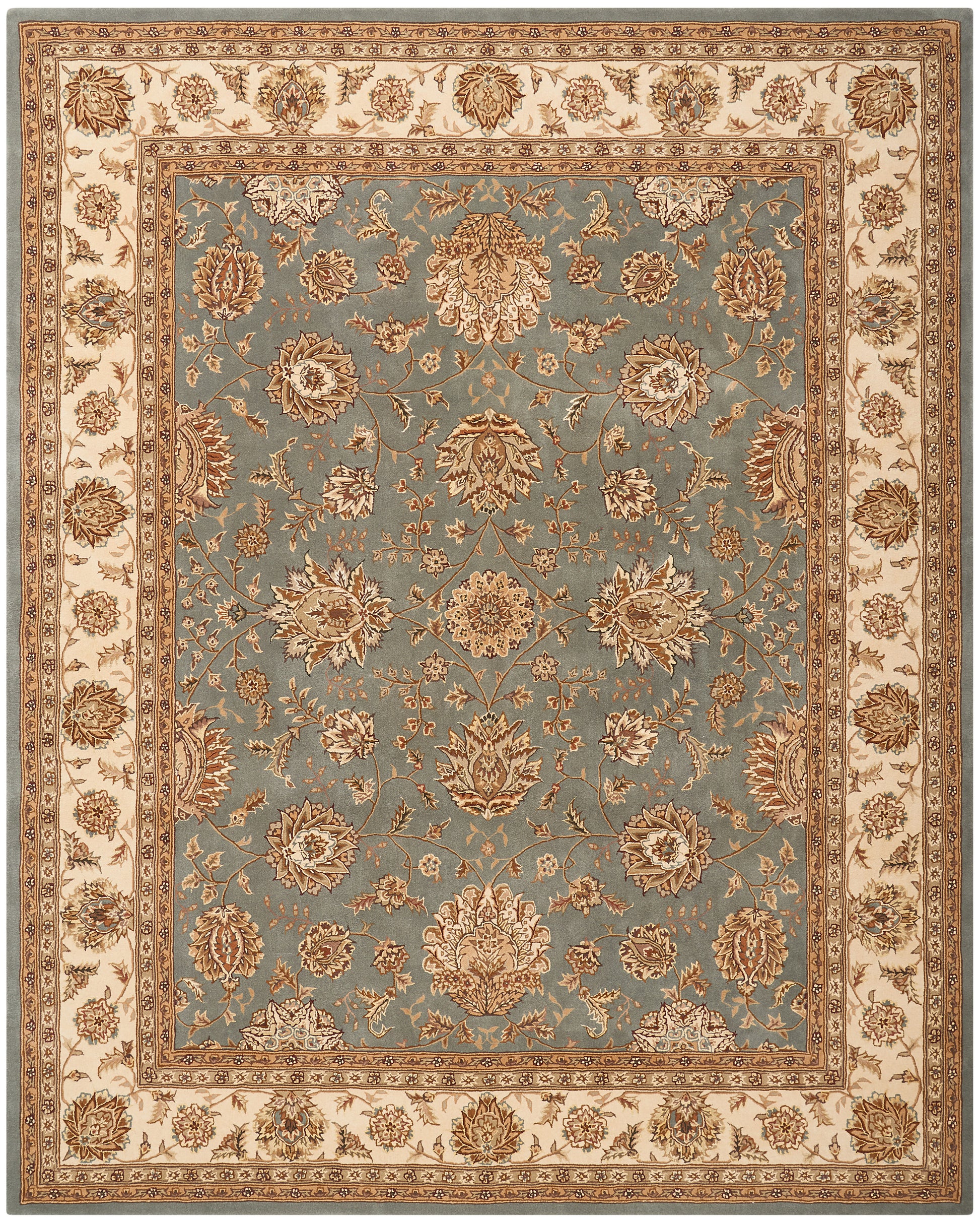 Persian-style area rug with blue field and ornate cream border in gold-toned floral design.