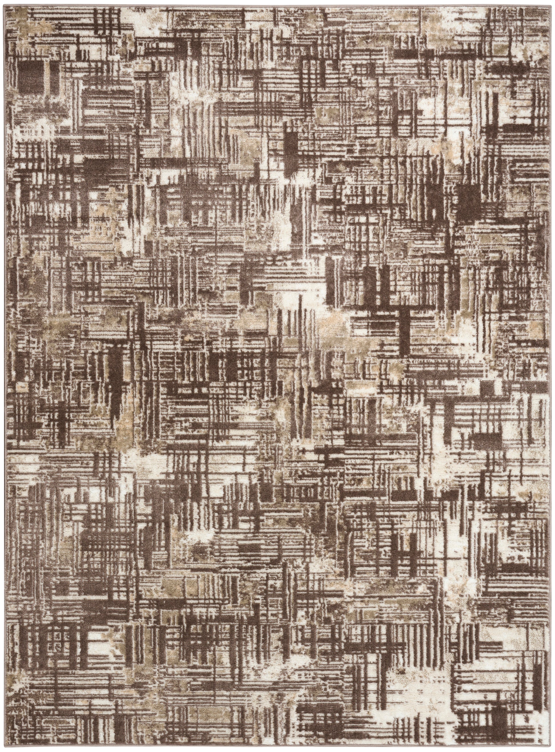 Abstract geometric area rug in brown and beige tones with a textured woven pattern.