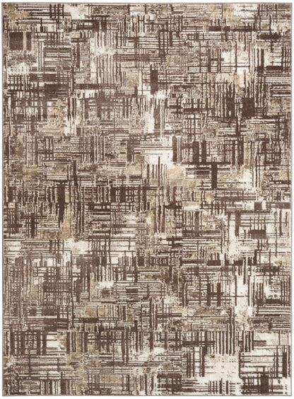 Abstract geometric area rug in brown and beige tones with a textured woven pattern.