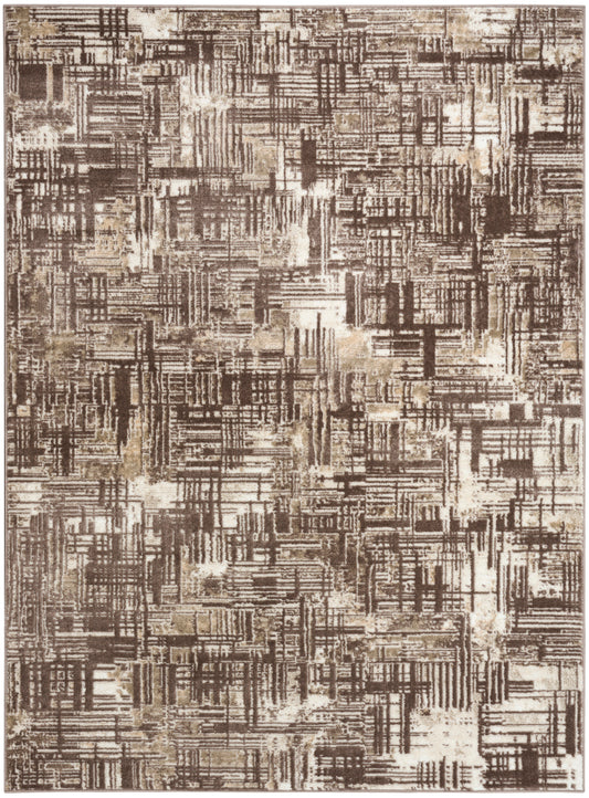 Abstract geometric area rug in brown and beige tones with a textured woven pattern.