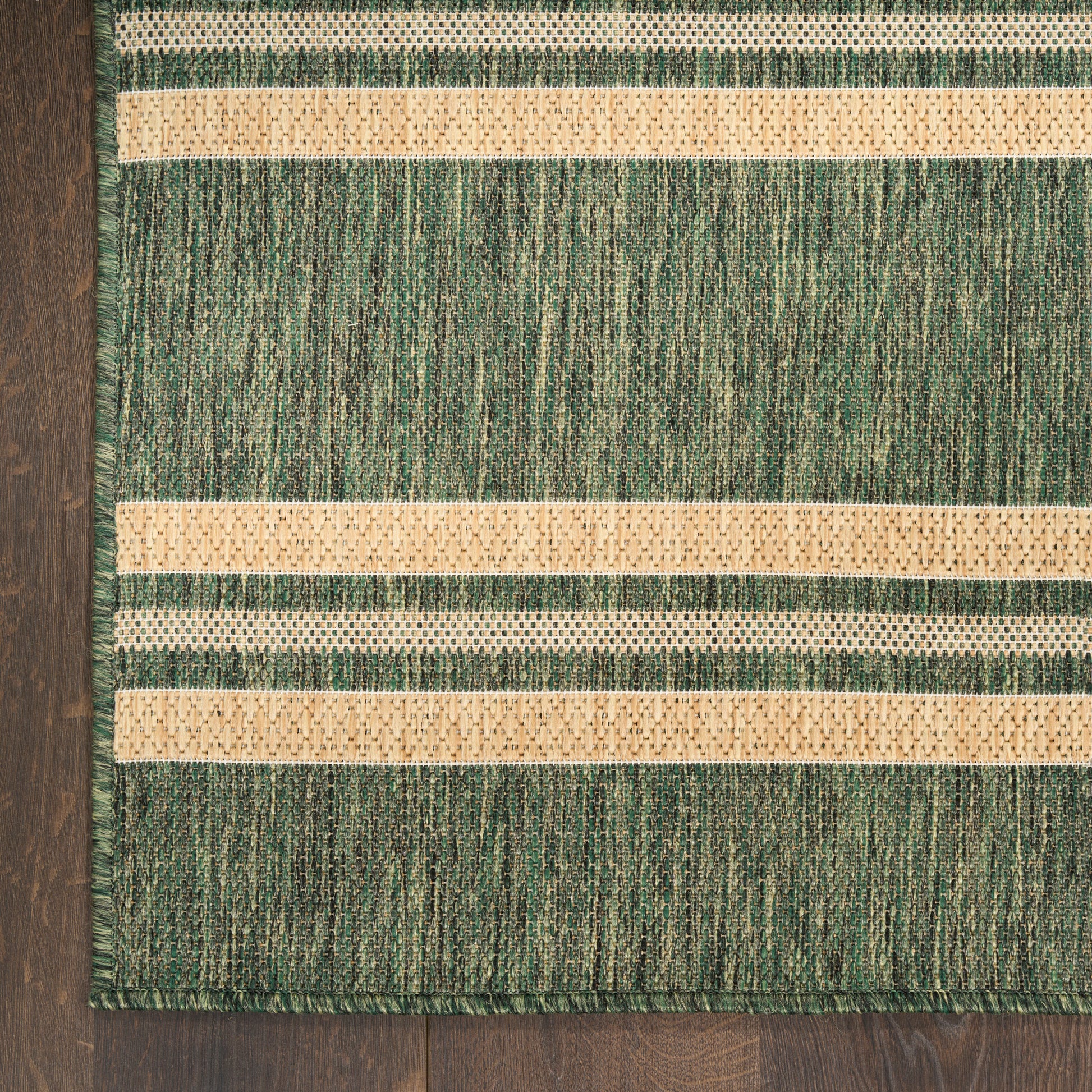 Green and beige striped woven rug with fringe along the left edge on a dark wood floor, 3' x 5'.
