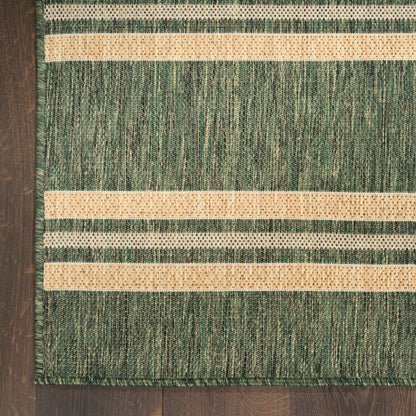 Green and beige striped woven rug with fringe along the left edge on a dark wood floor, 3' x 5'.