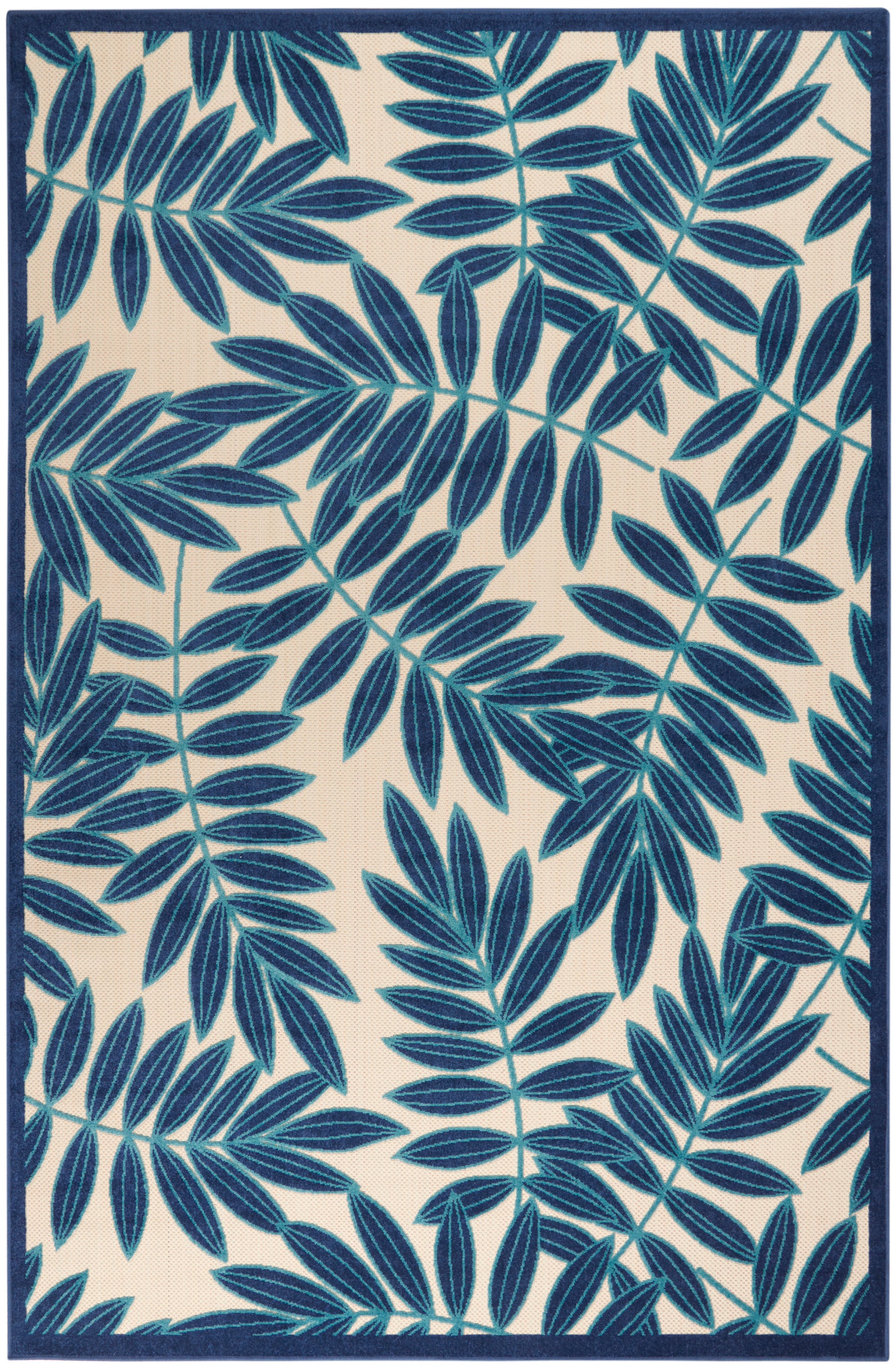 Rectangular rug featuring navy palm leaves on a cream background with a navy border.