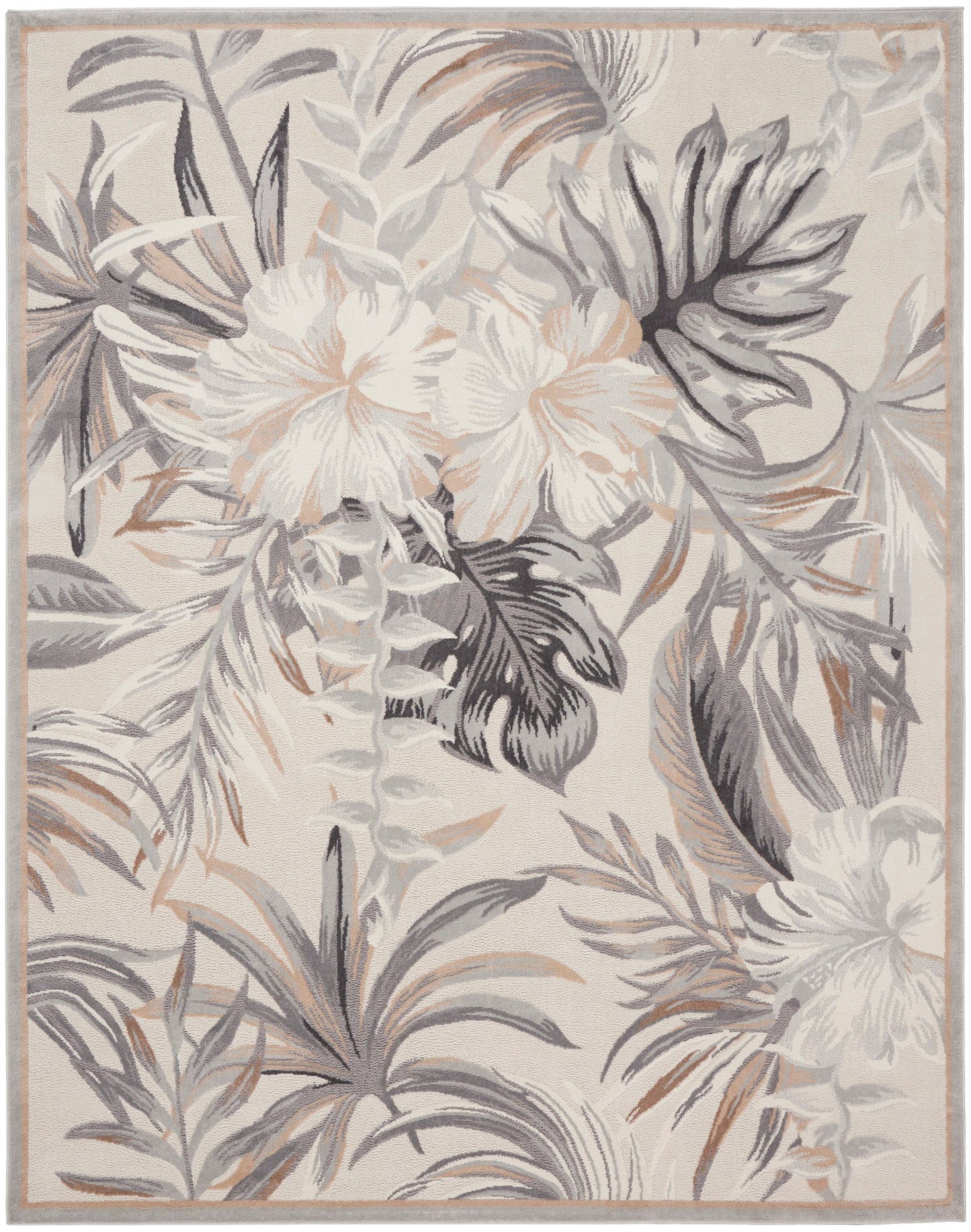 Rectangular area rug with tropical floral pattern in beige, gray, and peach tones; soft neutral leaves and blossoms.
