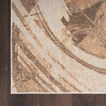 Rectangular area rug in earthy beige and brown tones with abstract swirl design on dark wood floor.