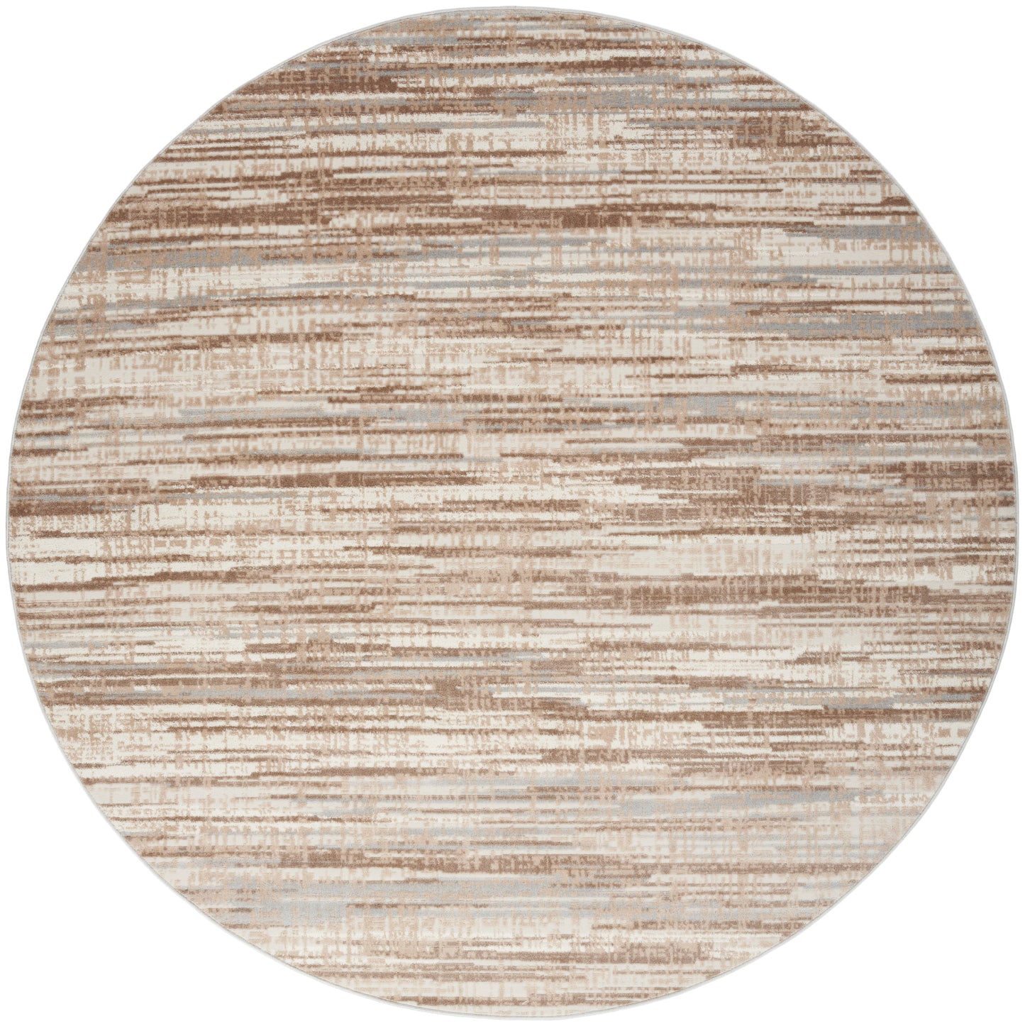 Round area rug in neutral beige and tan tones with abstract horizontal brushstroke pattern.